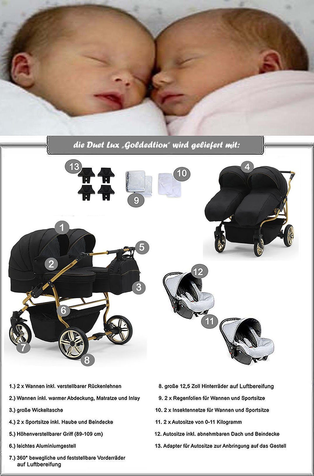 BabyMerc Zwillingswagen Duet Lux Gold 4 in 1 inkl. Sportsitze und Autositze in 20 Farben