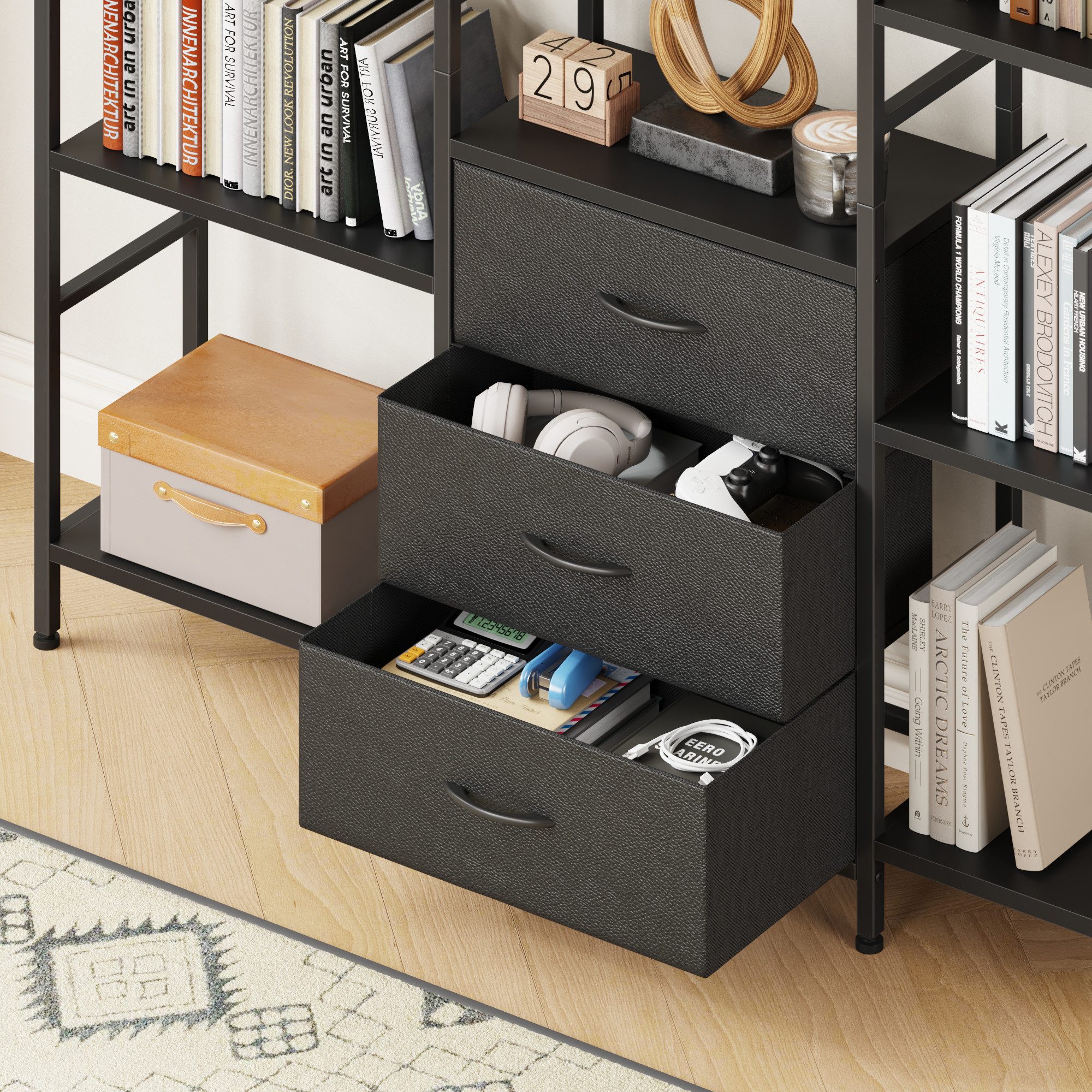 OYRREU Bücherregal mit 3 Stoffschubladen & 10 Ablageböden, Standregal, schlankes Design, höhe 142cm Bücherschrank 1-St., Anti-Kipp-Sicherung, mit offenen Ablage – Bild 4 von 5