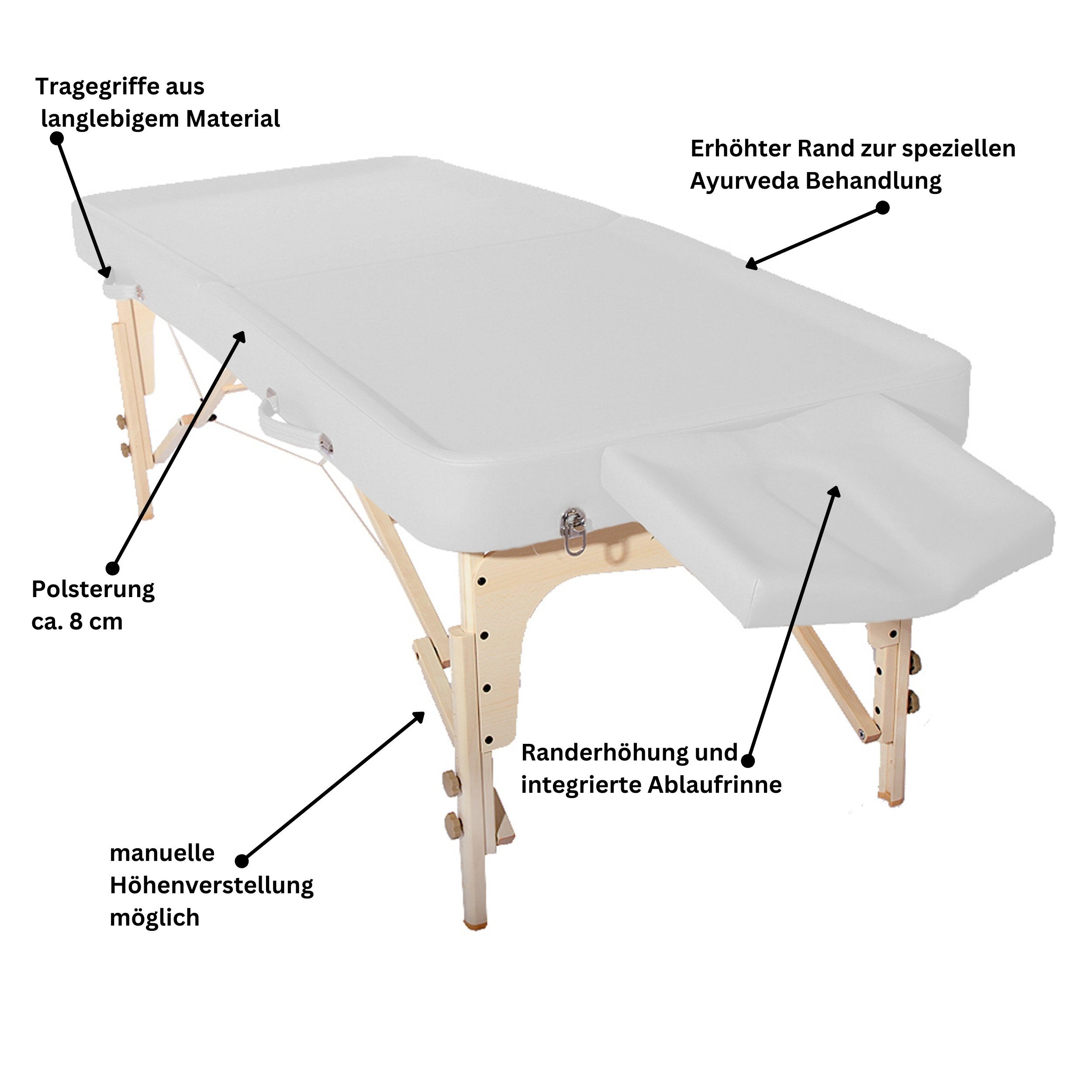PROMAFIT Massageliege Mobile Ayurveda Therapieliege klappbar "Rio" (Set, 1-St., inkl. Kopfstütze, Kopfpolster, PU-Lederbezug, Transporttasche), Höhenverstellbar, Belastbarkeit bis 250 Kg