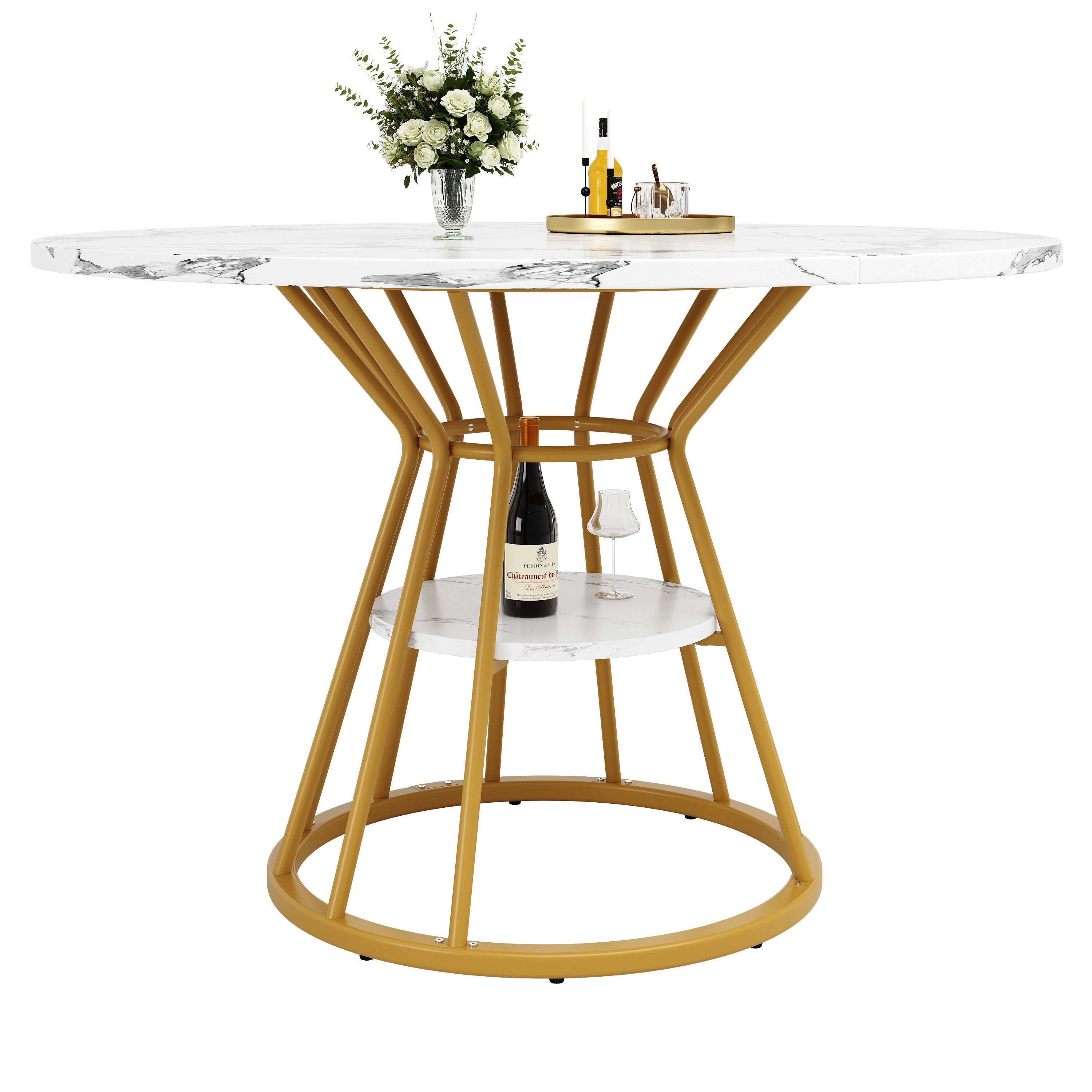 Flieks Esstisch runder Tisch mit Ablagen Marmoroptik (100x76 cm, 1-St., 1 Tisch), Küchentisch mit Stauraum, Metallbeine mit verstellbaren Fußstützen