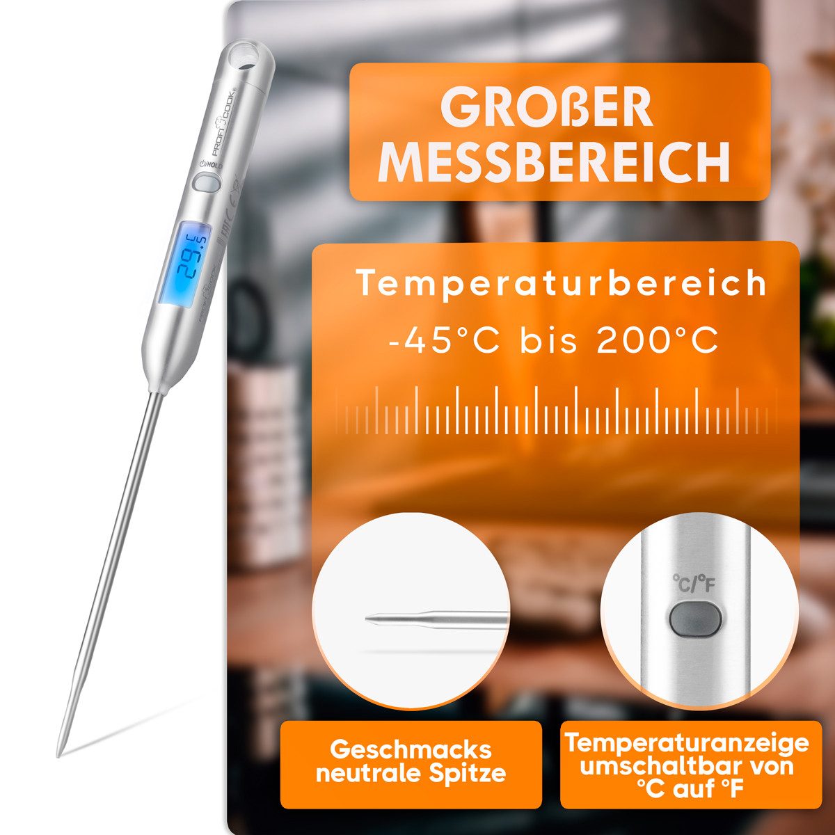 ProfiCook Kochthermometer PC-DHT 1039, Küchenthermometer aus Edelstahl, LCD-Display