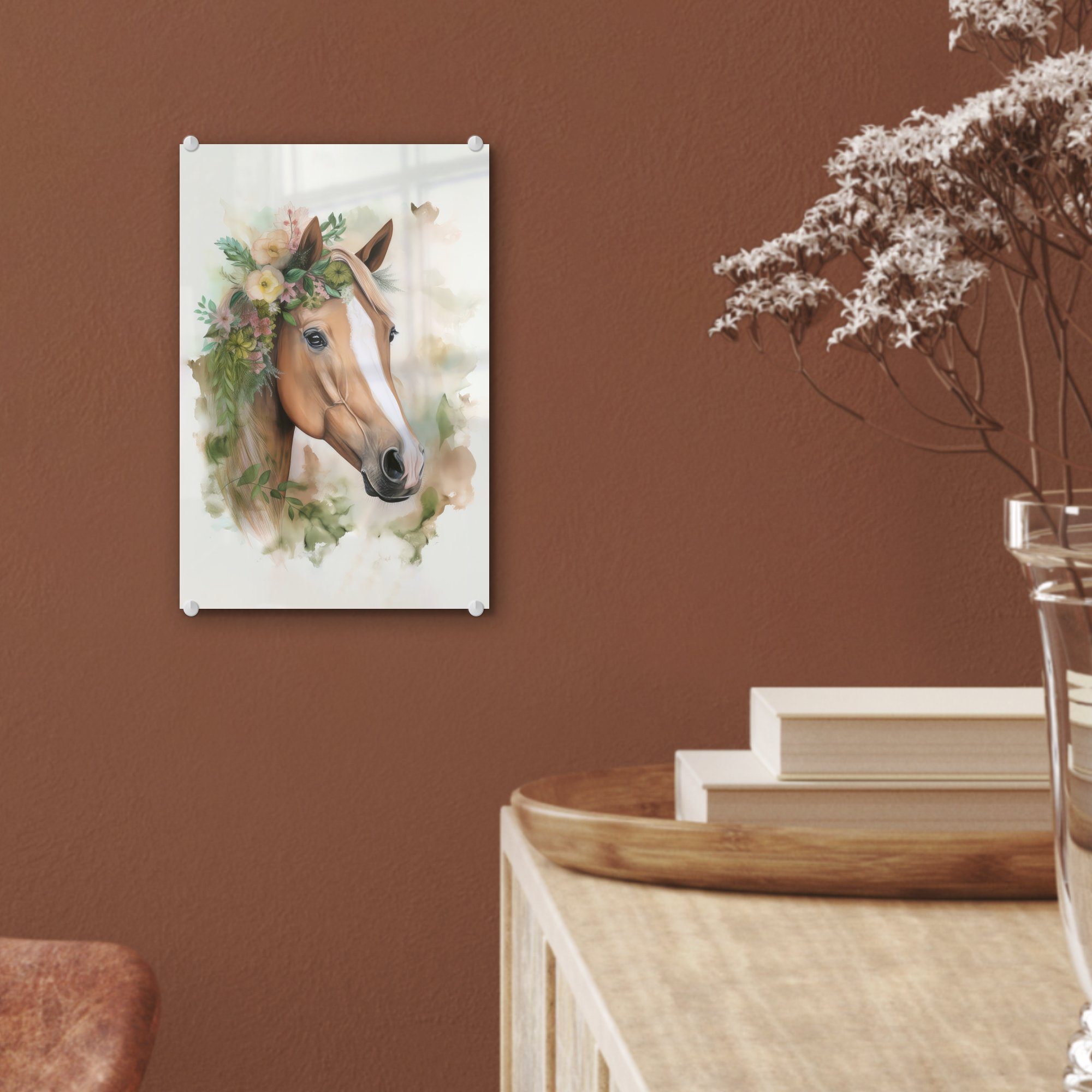(1 - Aquarell auf - Glas Natur Glasbilder Foto - Tiere, Glas St), Wanddekoration Wandbild Pferd - - - MuchoWow Blumen Bilder - Acrylglasbild auf