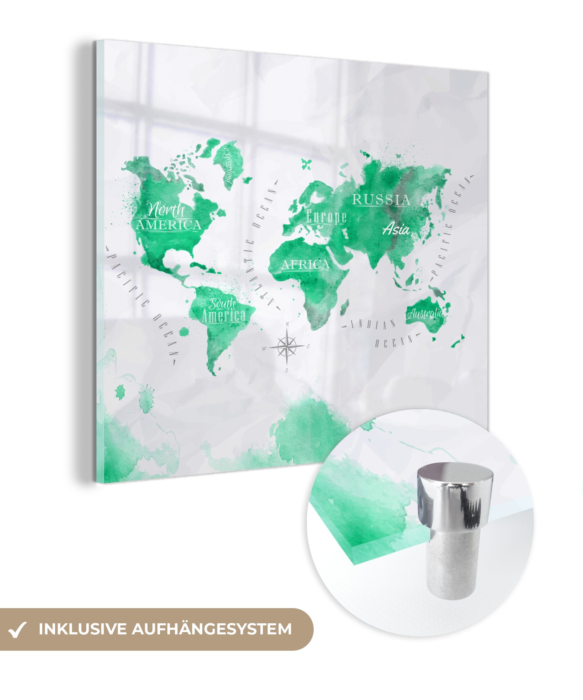 (1 Acrylglasbild Weltkarten Glas - Grün MuchoWow Farbe, St), - auf Wandbild auf Foto - - Glasbilder Wanddekoration Glas Bilder -