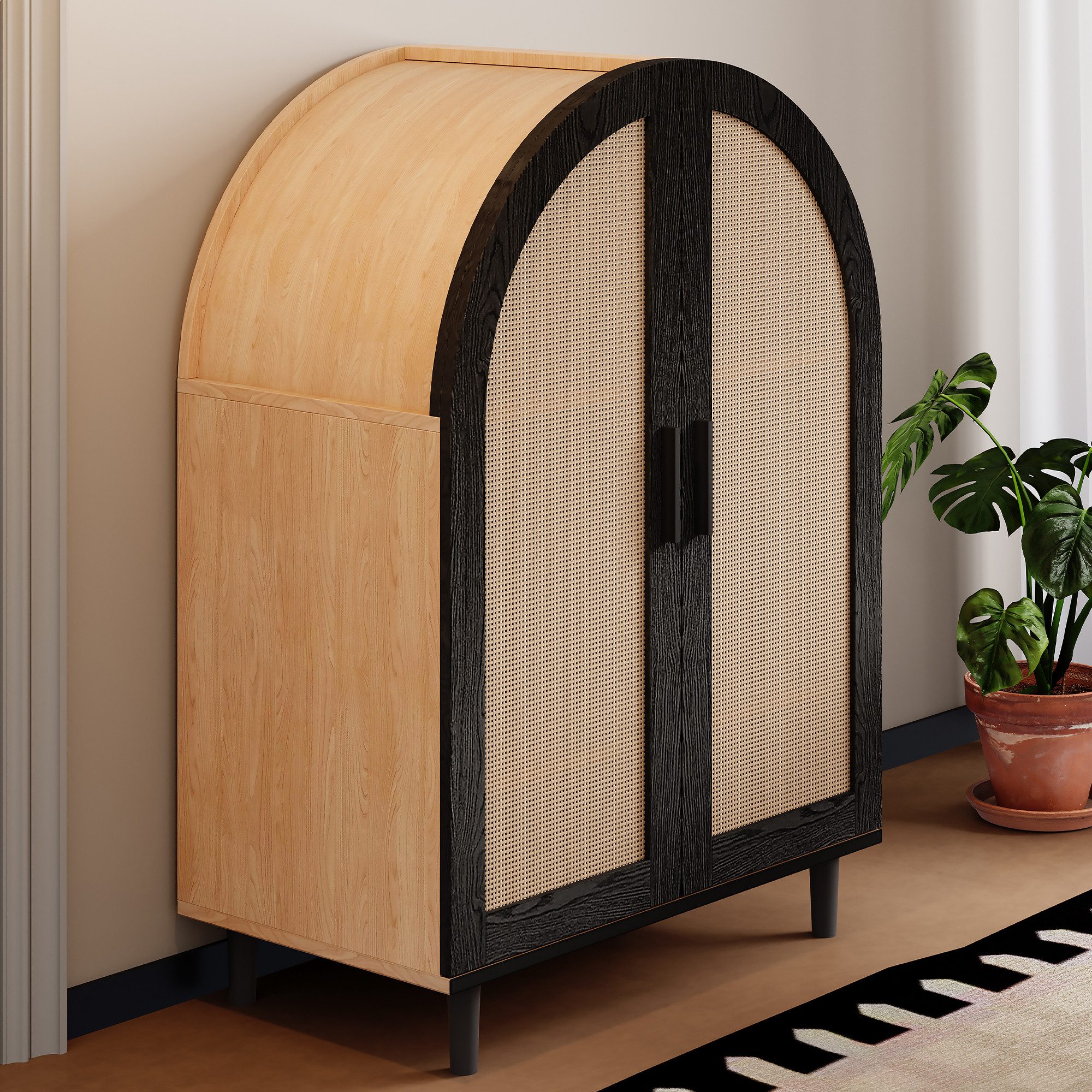 Furnishings Home Schuhschrank Schuhkipper Durchbrochenen Rattantüren und drei Regalen (1-St) Geschwungene Optik Metallbeine des Schranks 70 L x100 H x 40B(cm)