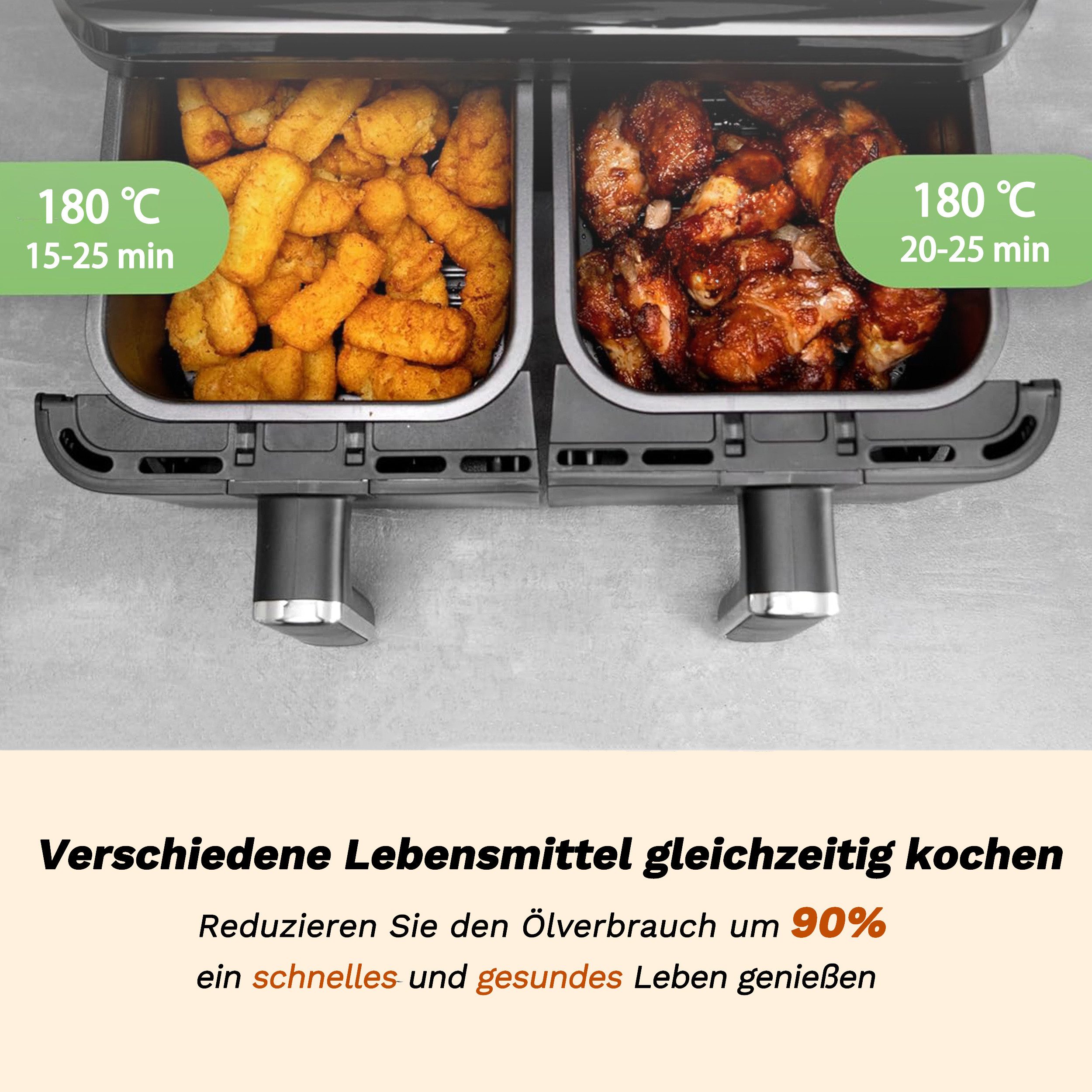 Sinaopus Heißluftfritteuse gesunde Fritteuse 901A Heissluftfritteuse mit Doppelkammer, XL, 2000,00 W, 9L Kapazität, mit LED-Touchscreen und transparentem Sichtfenster