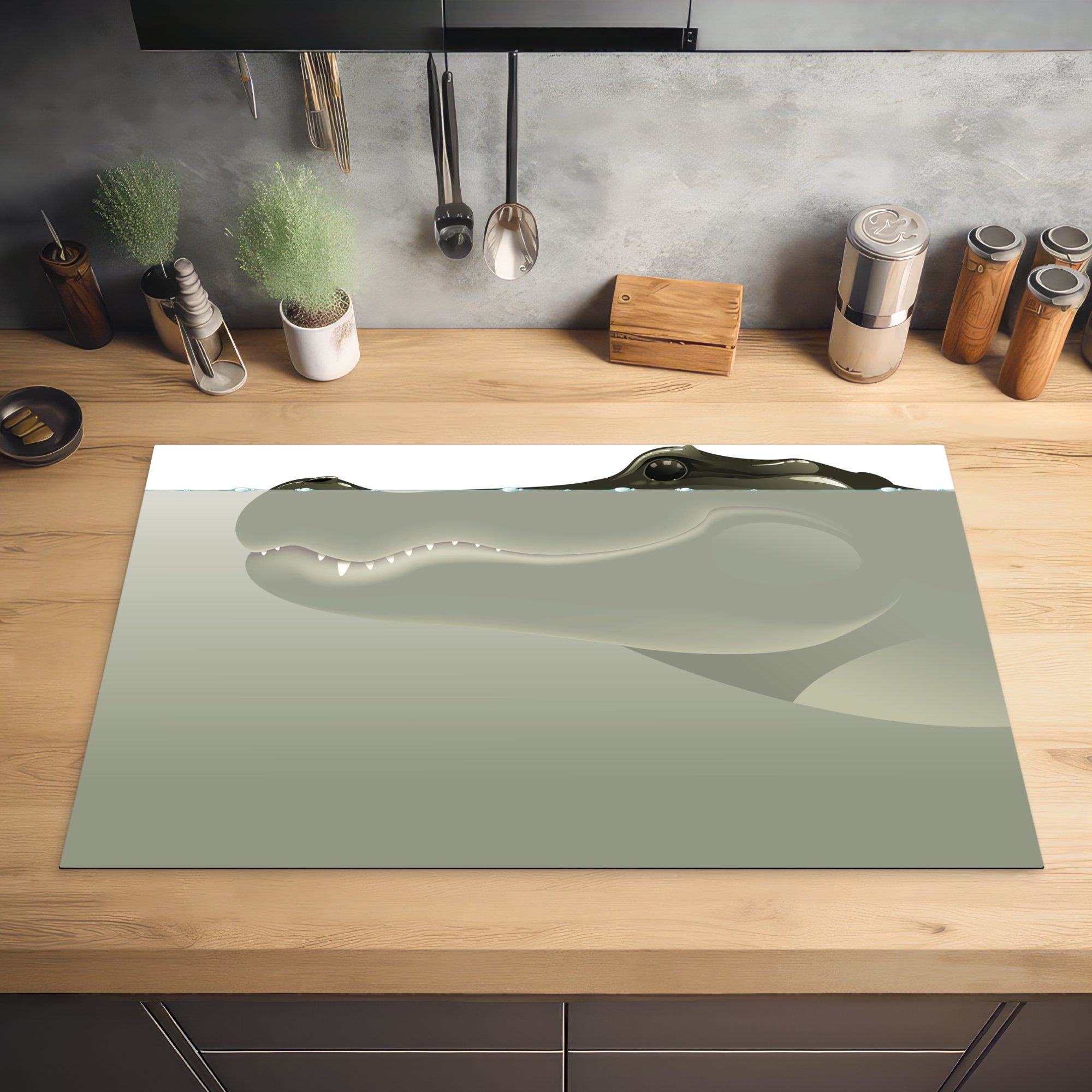MuchoWow Herdblende-/Abdeckplatte Krokodil - 83x51 cm, Wasser, tlg), Vinyl, küche für Ceranfeldabdeckung, (1 Arbeitsplatte