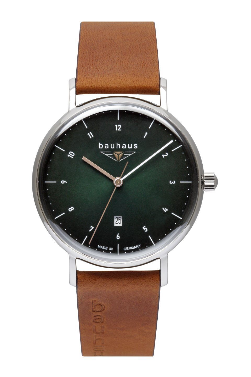 bauhaus Quarzuhr Herrenuhr 2140-4 Grün Lederband Braun 41 mm, Made in Germany