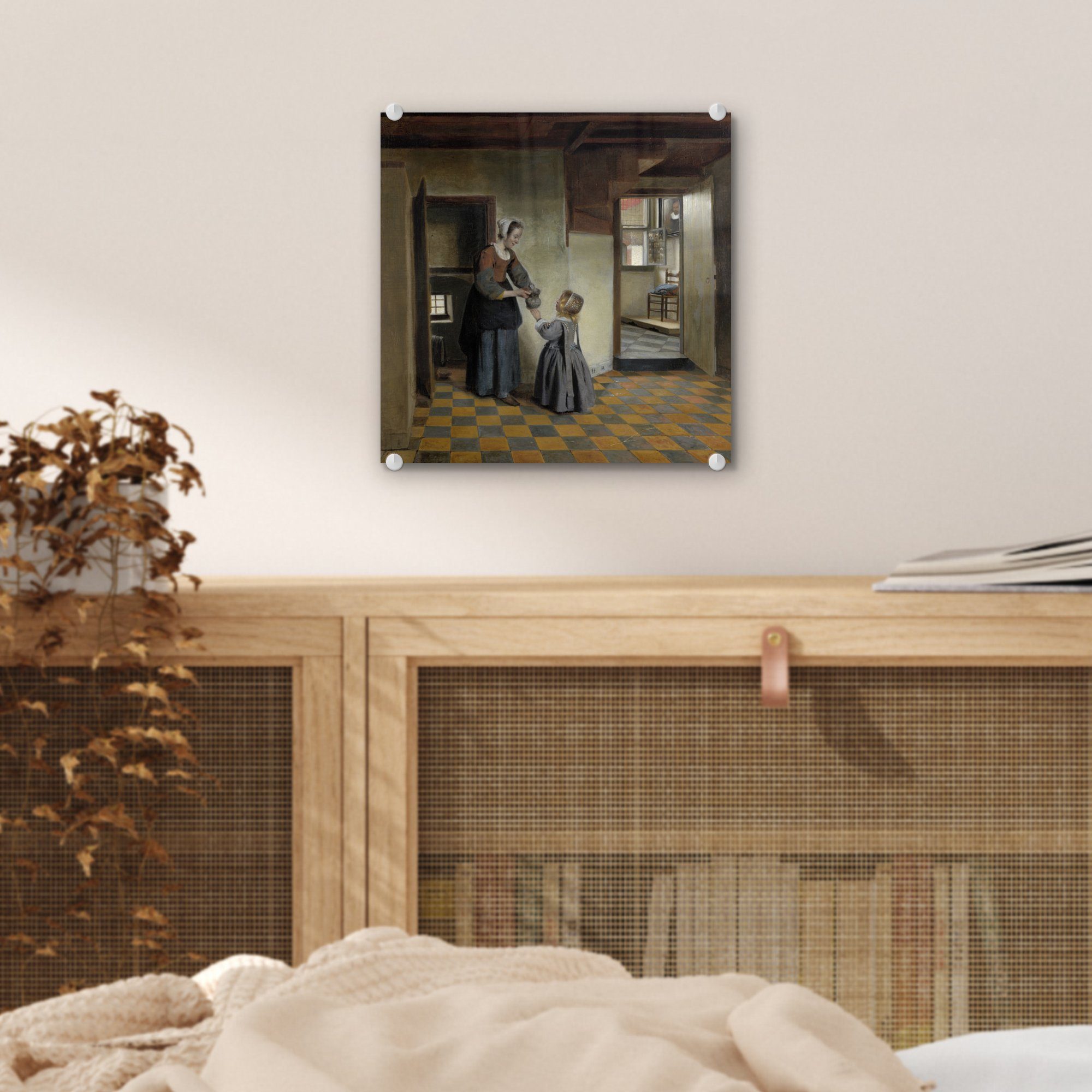 Kellerraum einem Bilder (1 Glas Wandbild St), Eine Gemälde auf Frau - Kind - - mit Acrylglasbild Wanddekoration MuchoWow einem auf de, in von Pieter Glas Glasbilder - Foto