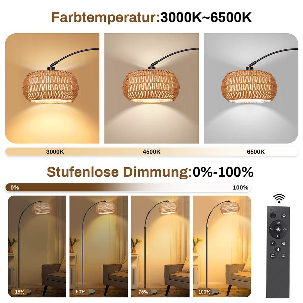 LMaxhome LED Stehlampe mit Fernbedienung Boho Dimmable Standlicht 185cm für Wohnzimmer, Büro, Höhenverstellbarer und 360° drehbarer Lampenarm, LED fest integriert, 3000-6500K, mit Fußschalter und APP-Steuerung, Doppelter Lampenschirm, Fassung E26