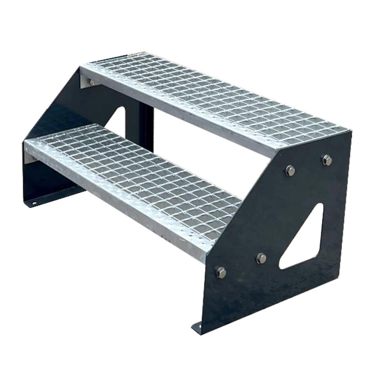 Kaminbau Mierzwa Außentreppe Premium Treppe Anthrazit mit oder ohne Geländer, für Geschosshöhen bis 38.00 cm, Stufen Gitterroststufen nach DIN 24531, (Höhe 38 cm, Stufenbreite und Geländerart wählbar), Gartentreppe Stahltreppe Wetterfest Rostfrei Feuer-Verzinkt Rutschfest