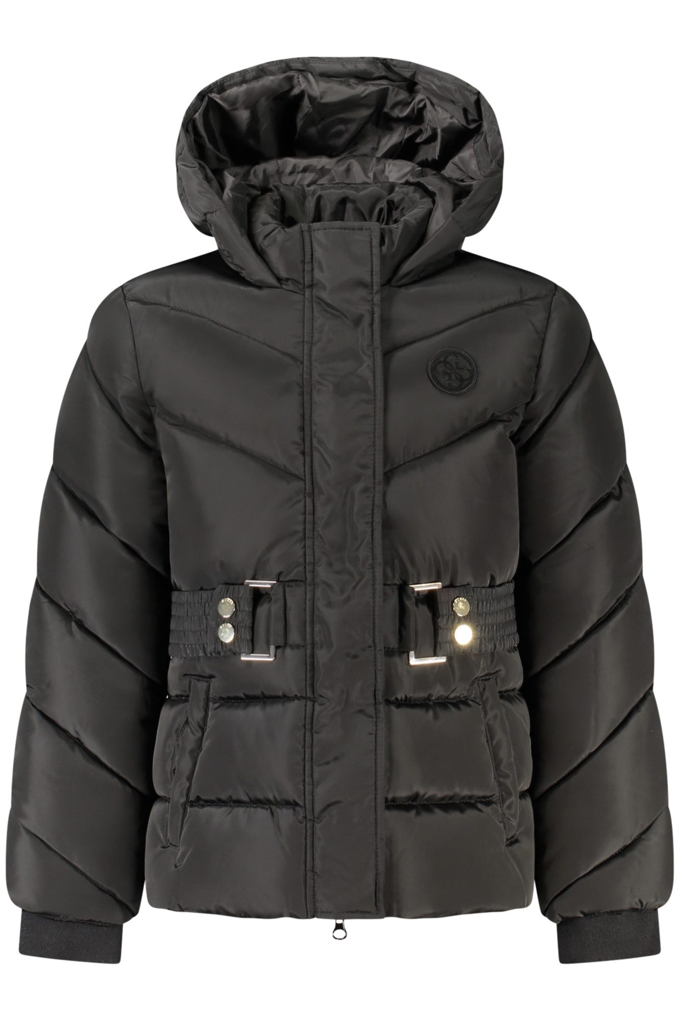 GUESS JEANS Outdoorjacke Mädchenjacke Schwarz mit Kapuze & Taillengürtel – Stilvoll & Beque