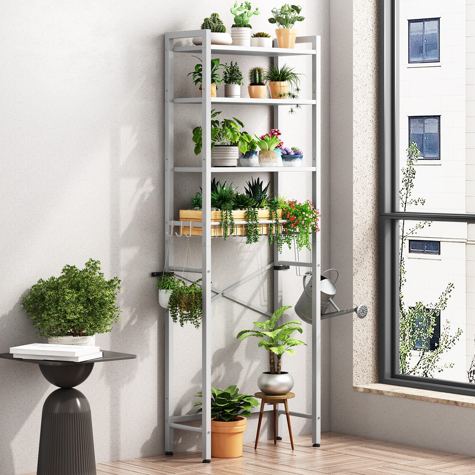 Kalrin Badregal Blumenständer Regal Über der Toilette mit Aufbewahrungskörben, Toilettenregal, Waschmaschinenregal für Geräte bis 56 cm Breite,173 x 56 x 24cm