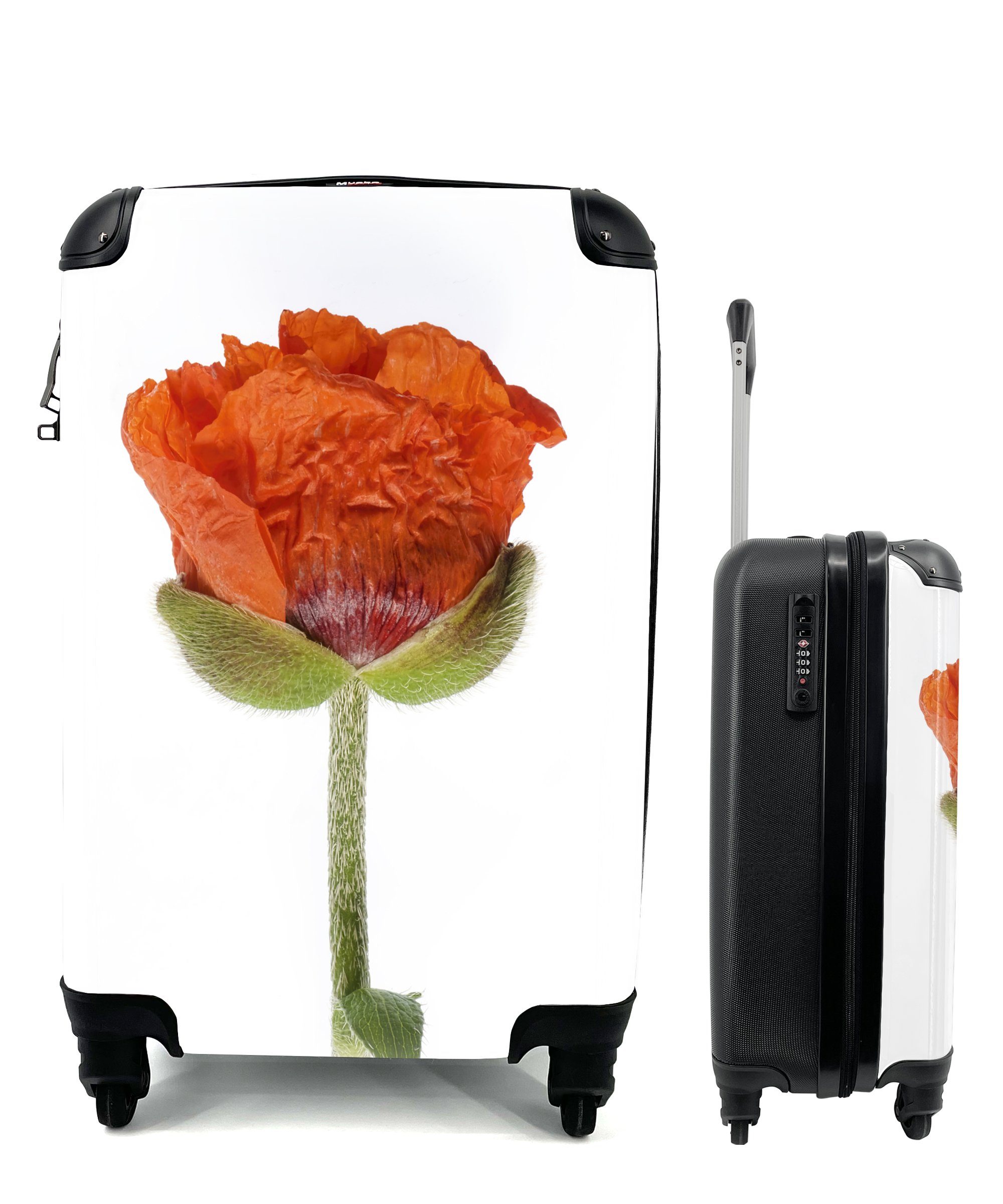 rollen, Oranger Reisekoffer Reisetasche weißem Handgepäckkoffer 4 mit Rollen, Trolley, Handgepäck für Ferien, Hintergrund, Mohn MuchoWow vor