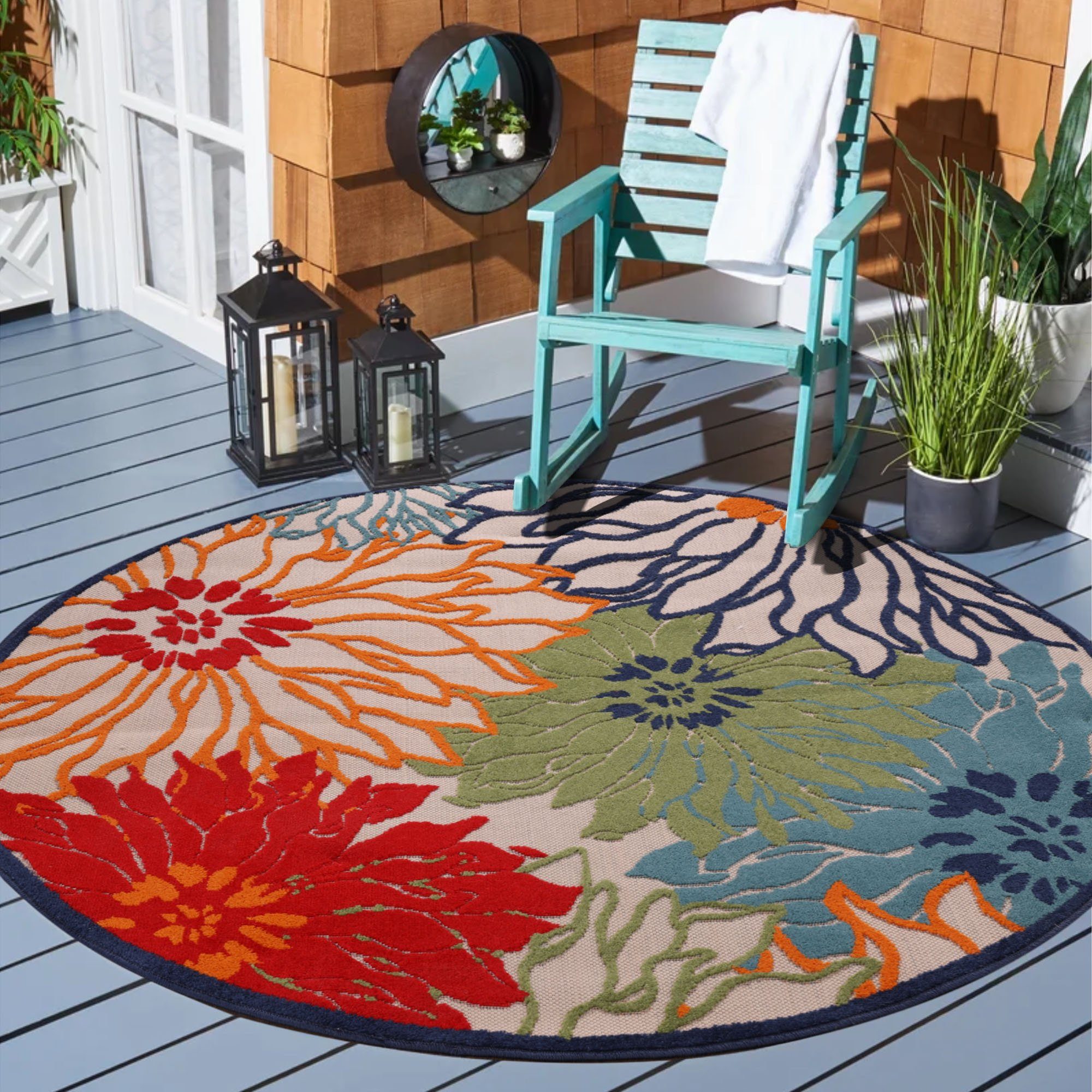 Floral und Terasse Sanat, geeignet, Design, Höhe: Outdoor Teppich 6 florales In- 2, Balkon, rund, bunt mm,