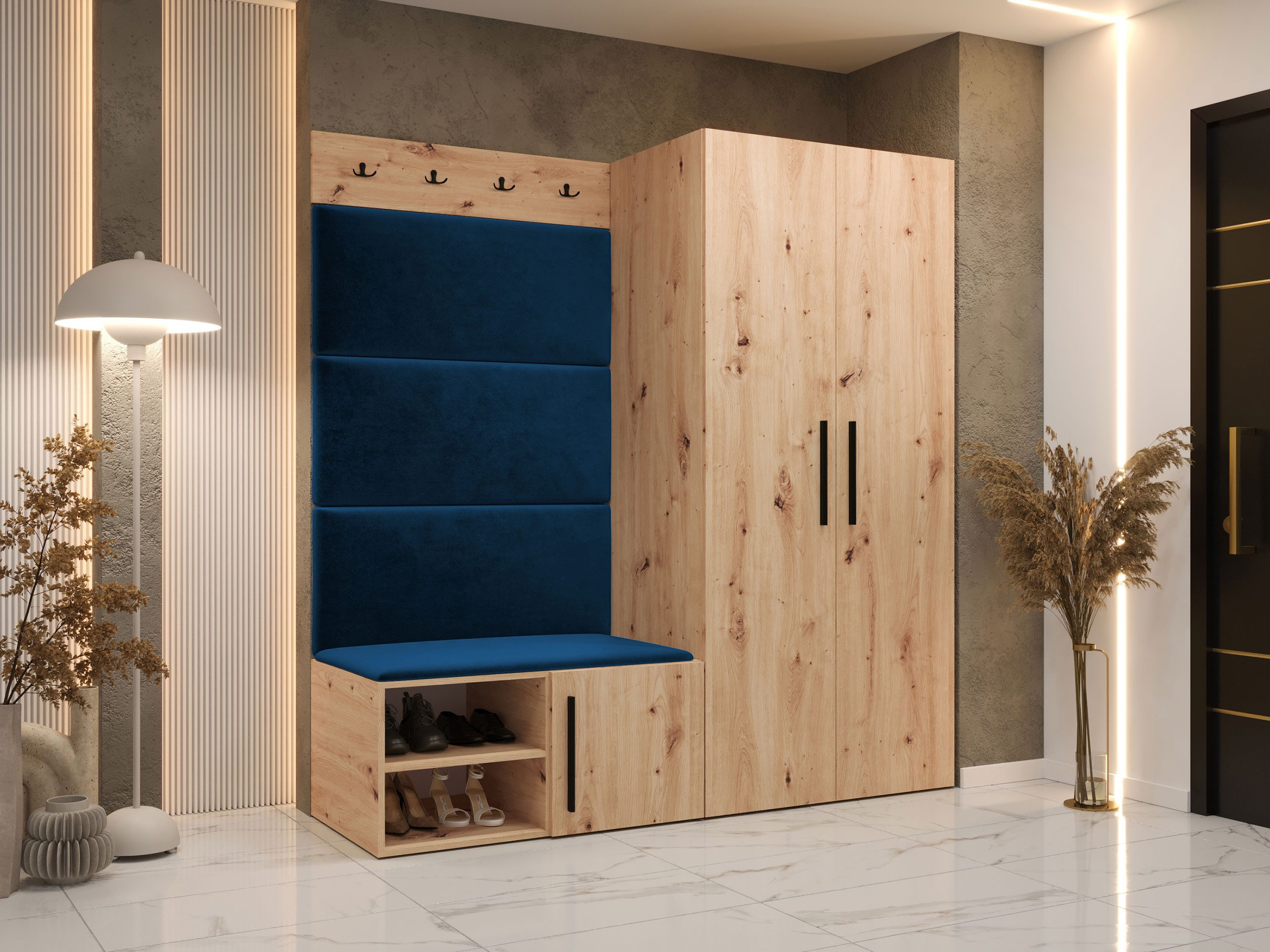 MIRJAN24 Garderoben-Set Medi I, (Drehtürenschrank, Schuhschrank, 4x Paneel 84x42), Kleiderstange, 4 Kleiderhaken für Kleidung