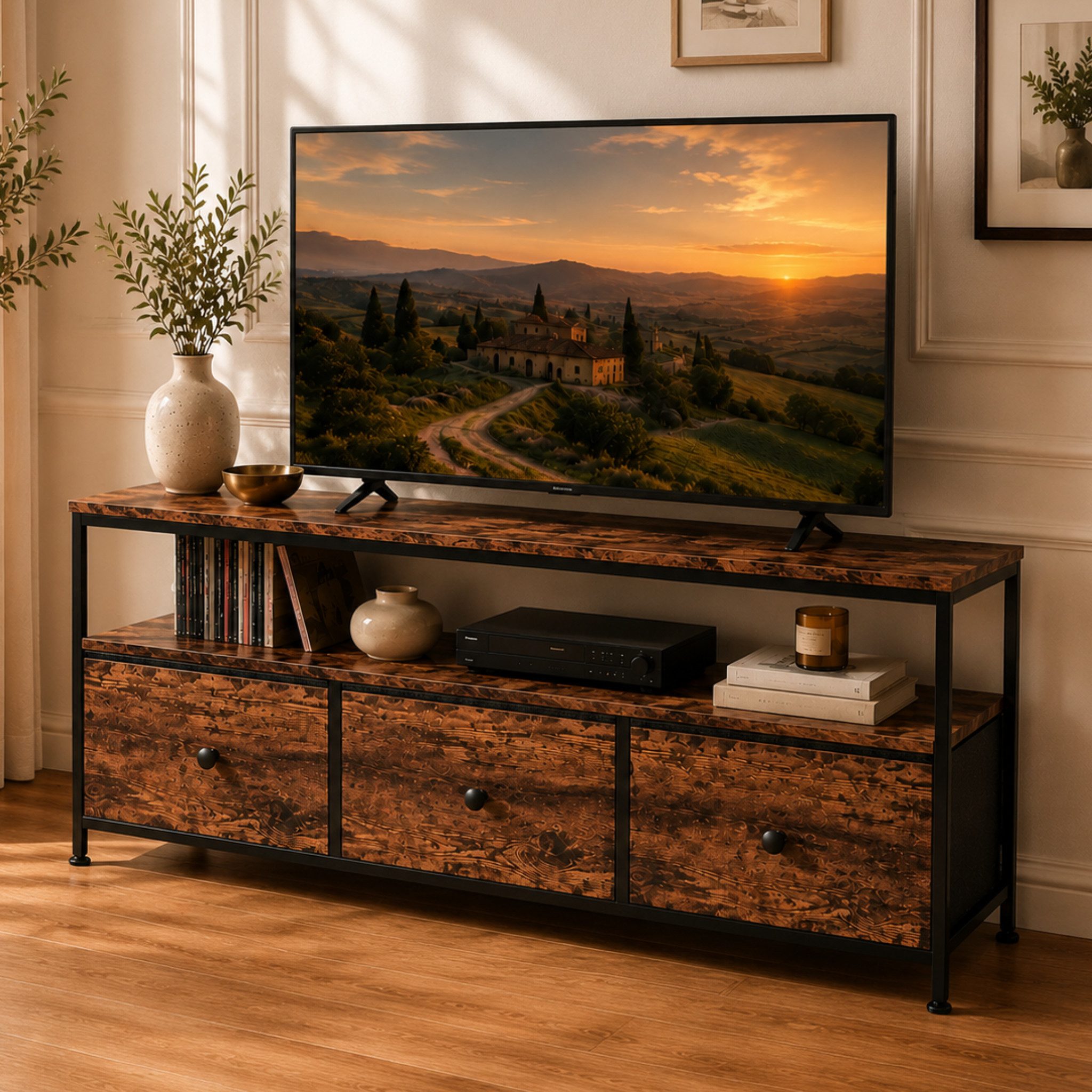 Simurq TV-Bank TV-Board mit LED-System, 3 Schubladen und viel Stauraum (Kein Set, Einzelmöbel), Modernes Vintage-Design, LED-System, Stauraum mit Schubladen