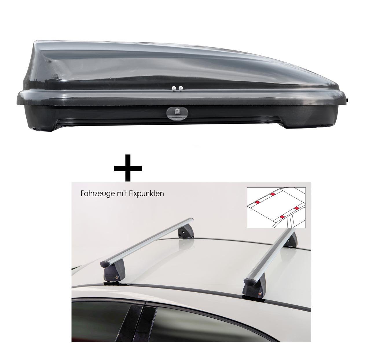 VDP Dachbox, Dachbox VDPFL320 320 Liter schwarz glänzend + Dachträger VDP Delta kompatibel mit Hyundai i30 (PD) (5 Türer) ab 2016