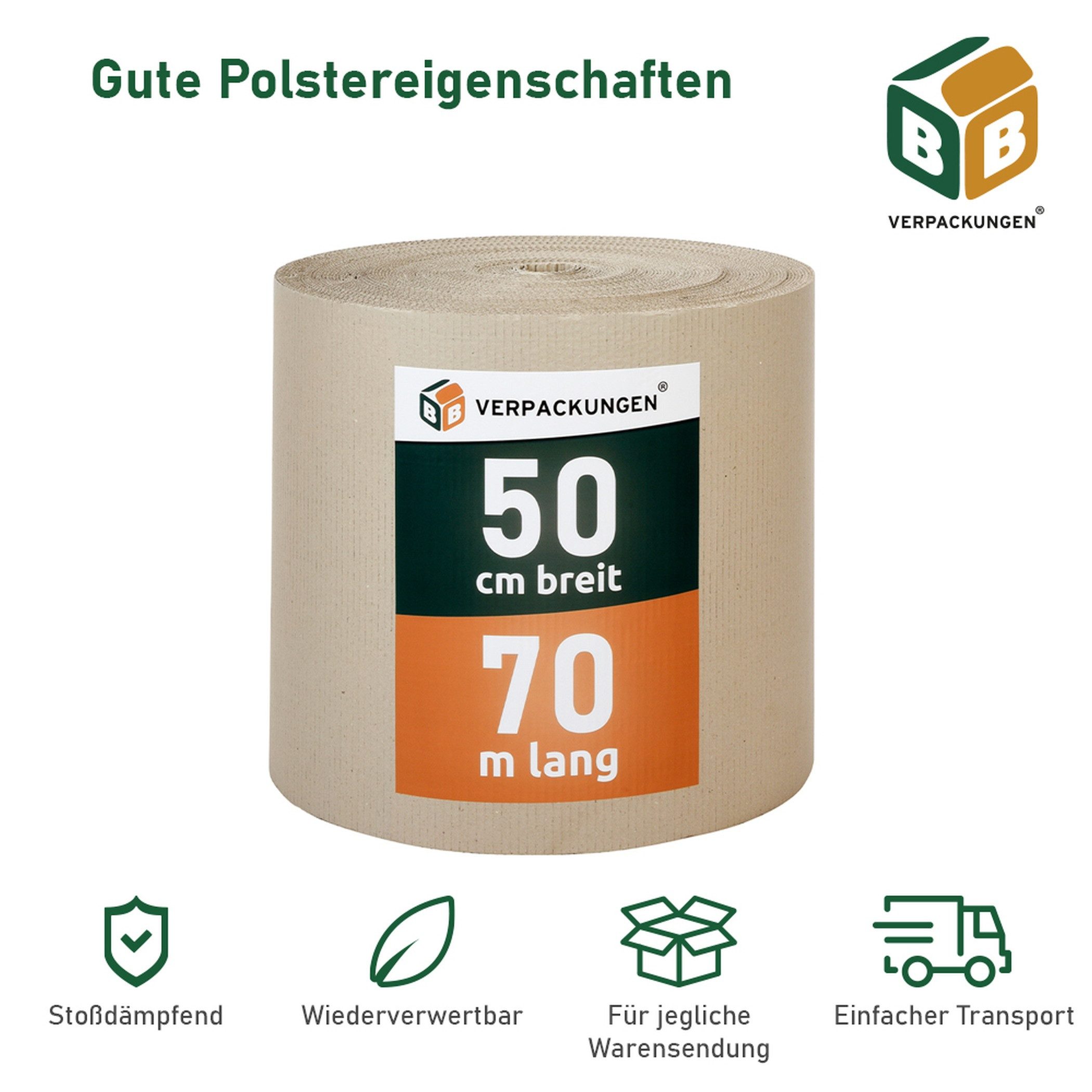 BB-Verpackungen Packpapier Rollenwellpappe 35 m², (1St), Braun, 0,5 m x 70 m, 75 g/m²