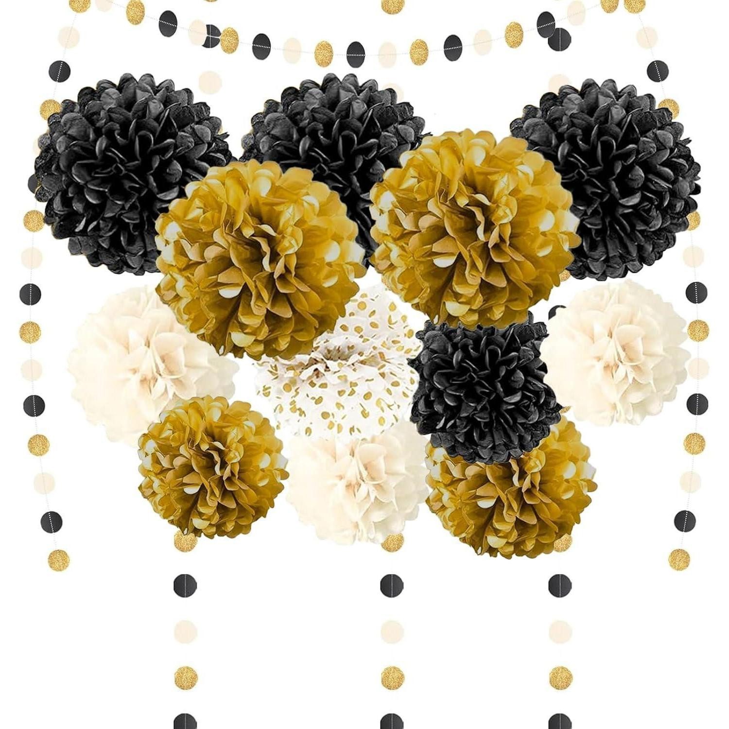 LuxusKollektion Pompon Pompons 15 Stück Seidenpapier Weiß Dots Girlande Hochzeit Schwarz Gold
