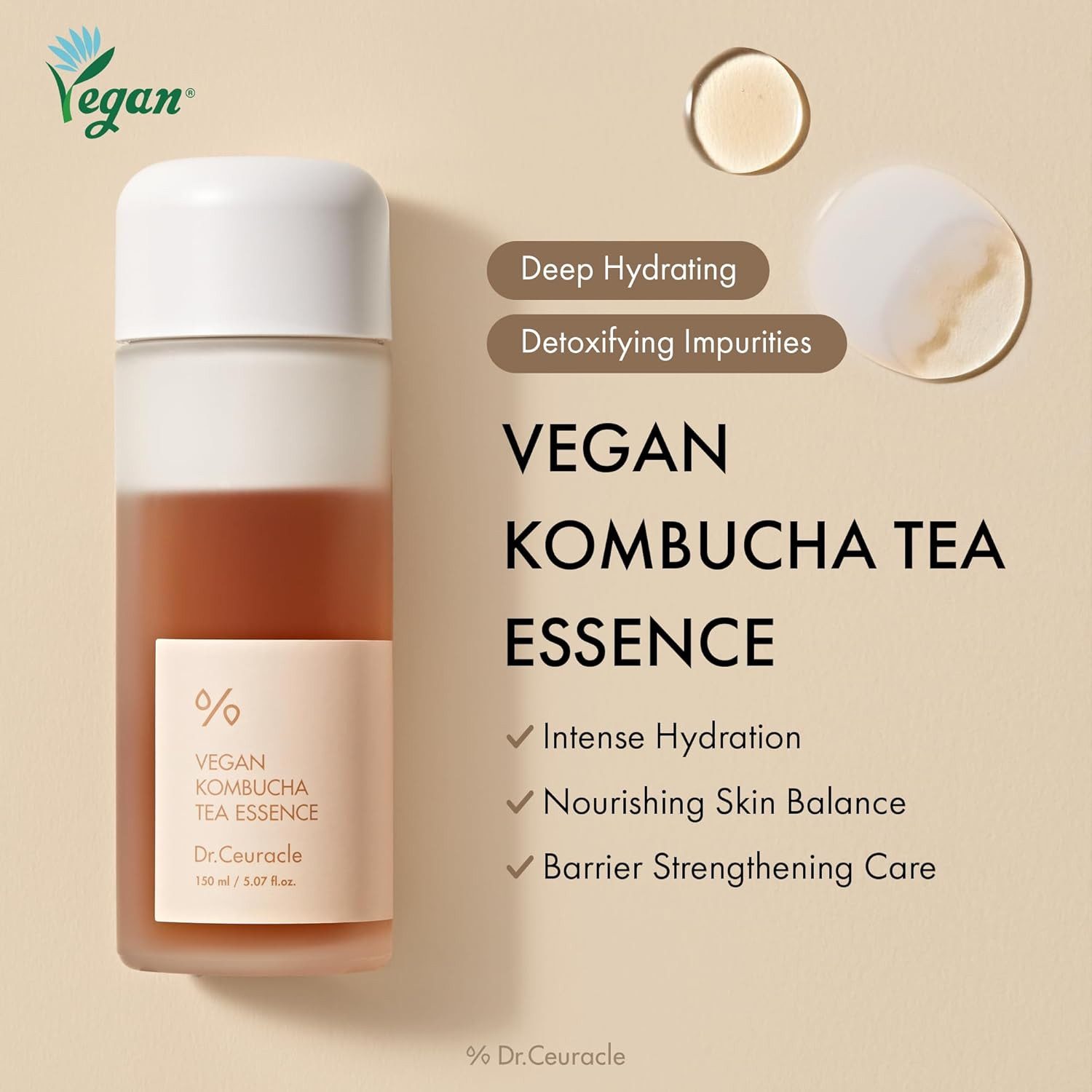 Dr. Ceuracle Gesichtsserum Vegan Kombucha Tea Essence 150 ml – Feuchtigkeitsspendende Gesichtsessenz mit Kombucha & Grüntee, milchige Toner-Essenz zur, Stärkung der Hautbarriere, für alle Hauttypen geeignet