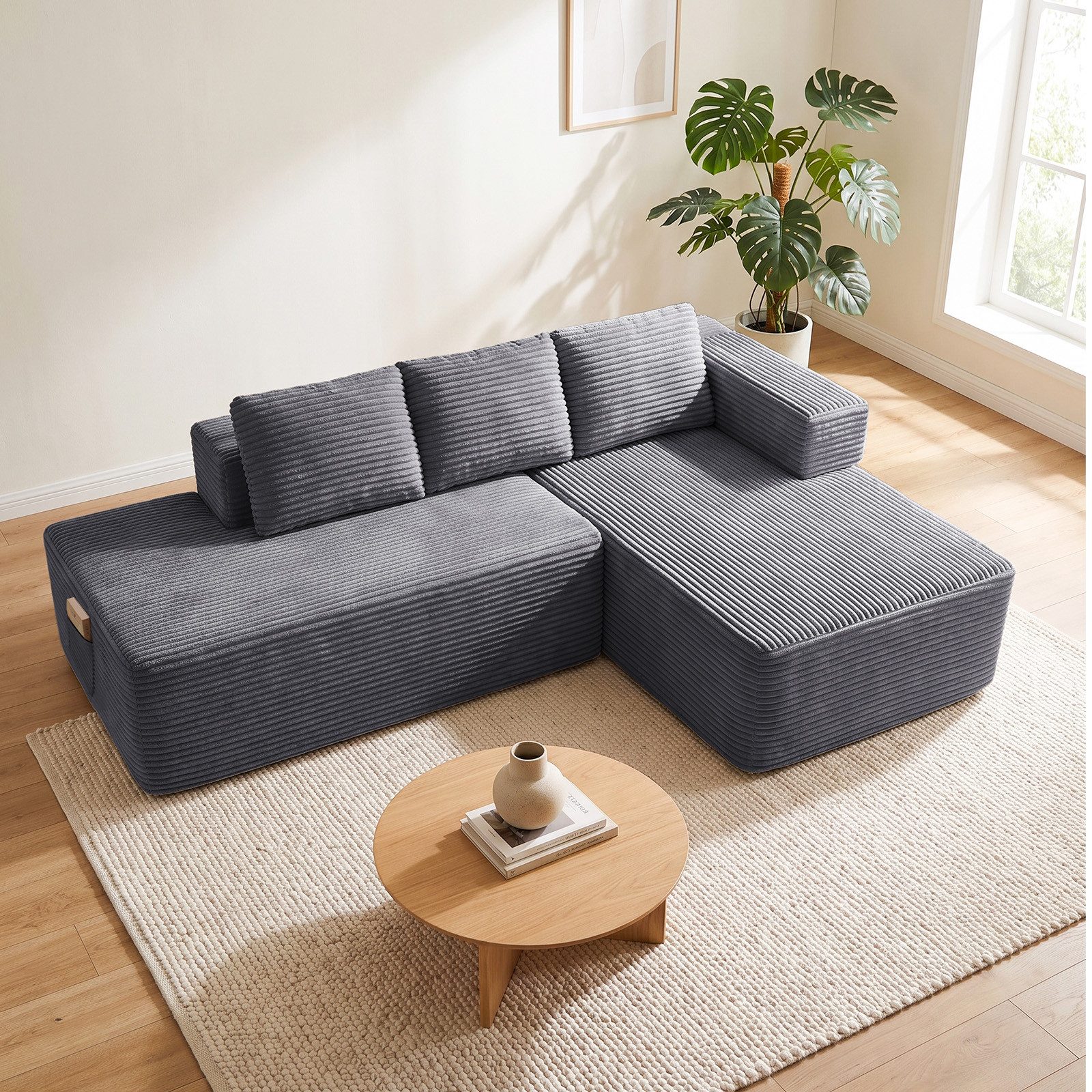 COMHOMA Sofa Ecksofa, Corduroy Modulares Boneless Couch mit Chaiselongue, Metallgestell, L-Form Schlafsofa mit Kissen & Seitentaschen