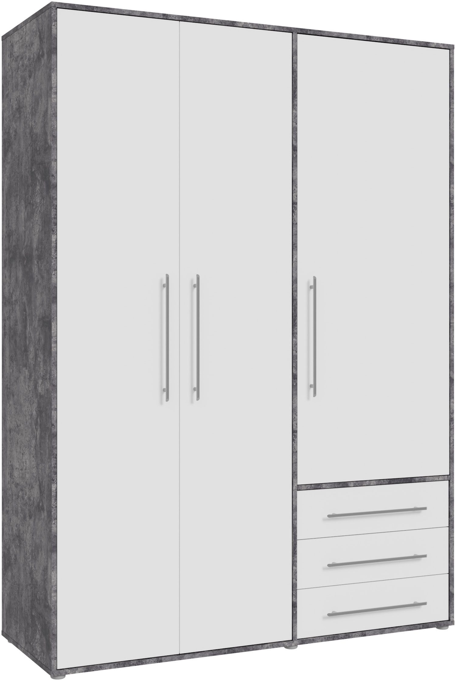 FORTE Drehtürenschrank Kleiderschrank,zeitloses Design,3 türig viel Stauraum, Schubladen, Stangengriffe, Made in Europe