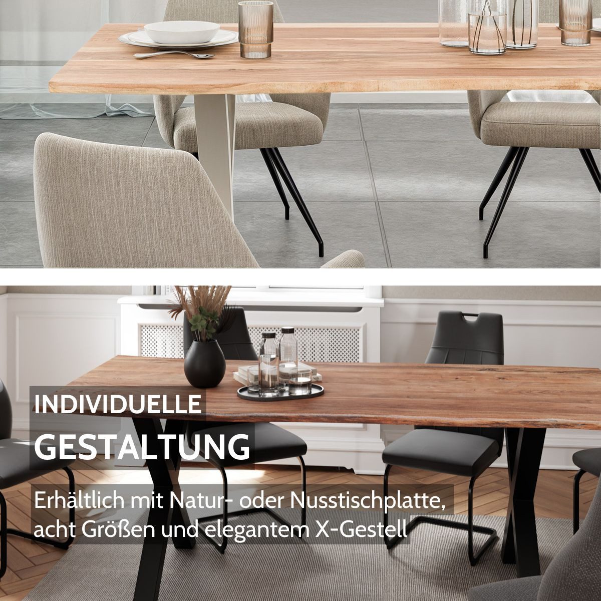 Liadomo Baumkantentisch Maxi, Massiver Akazien-Esstisch mit Baumkante und X-Gestell