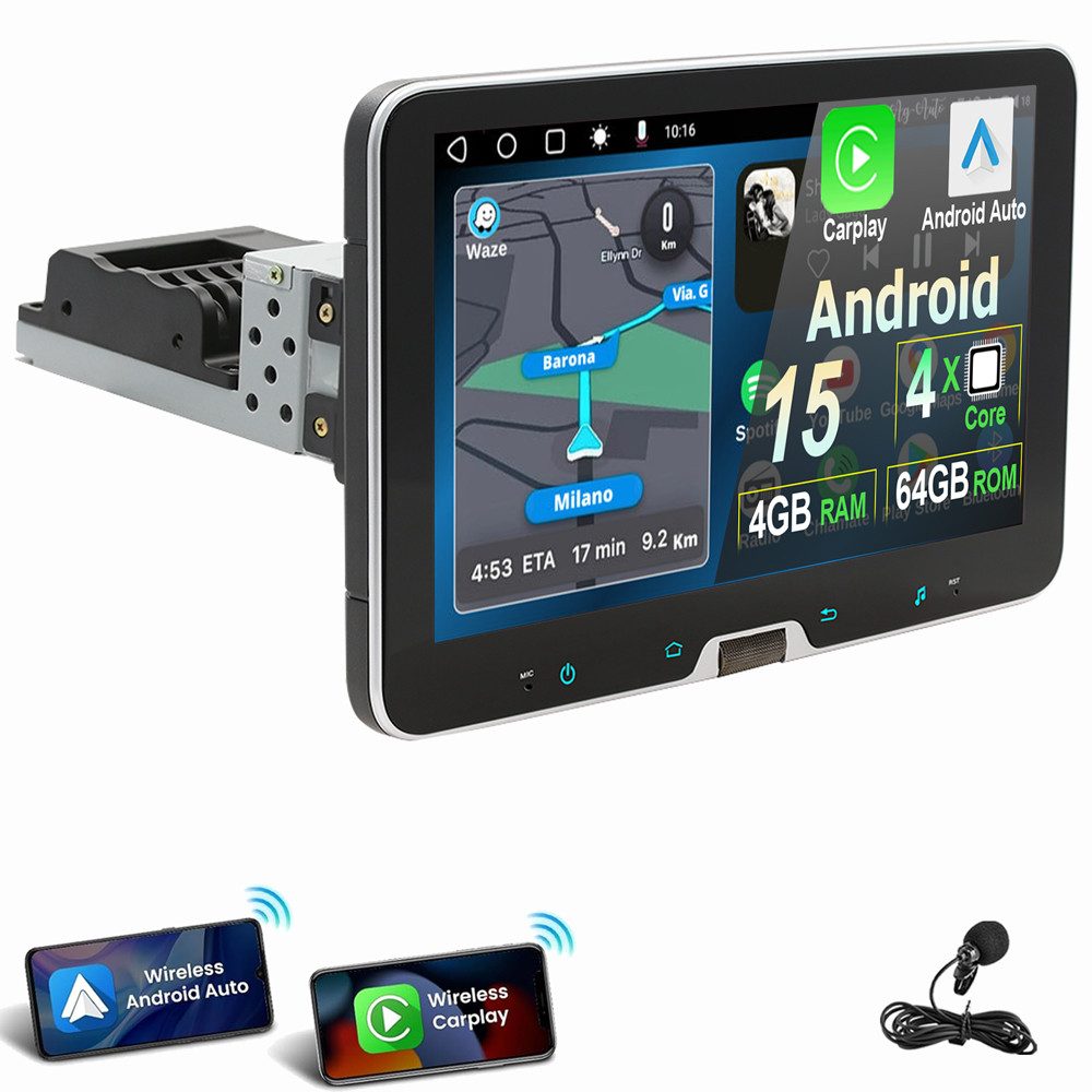 ESSGOO 4+64G Android 15 Carplay Autoradio 1 DIN GPS 360° Drehbar Bildschirm Autoradio (RDS, SWC, BT, WIFI)