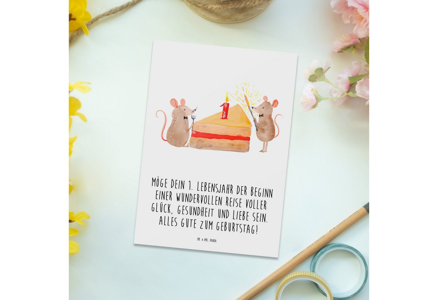 Thumbnail - Mr. & Mrs. Panda Postkarte 1. Geburtstag Reise - Weiß - Geschenk, erster Geburtstag, guter Start