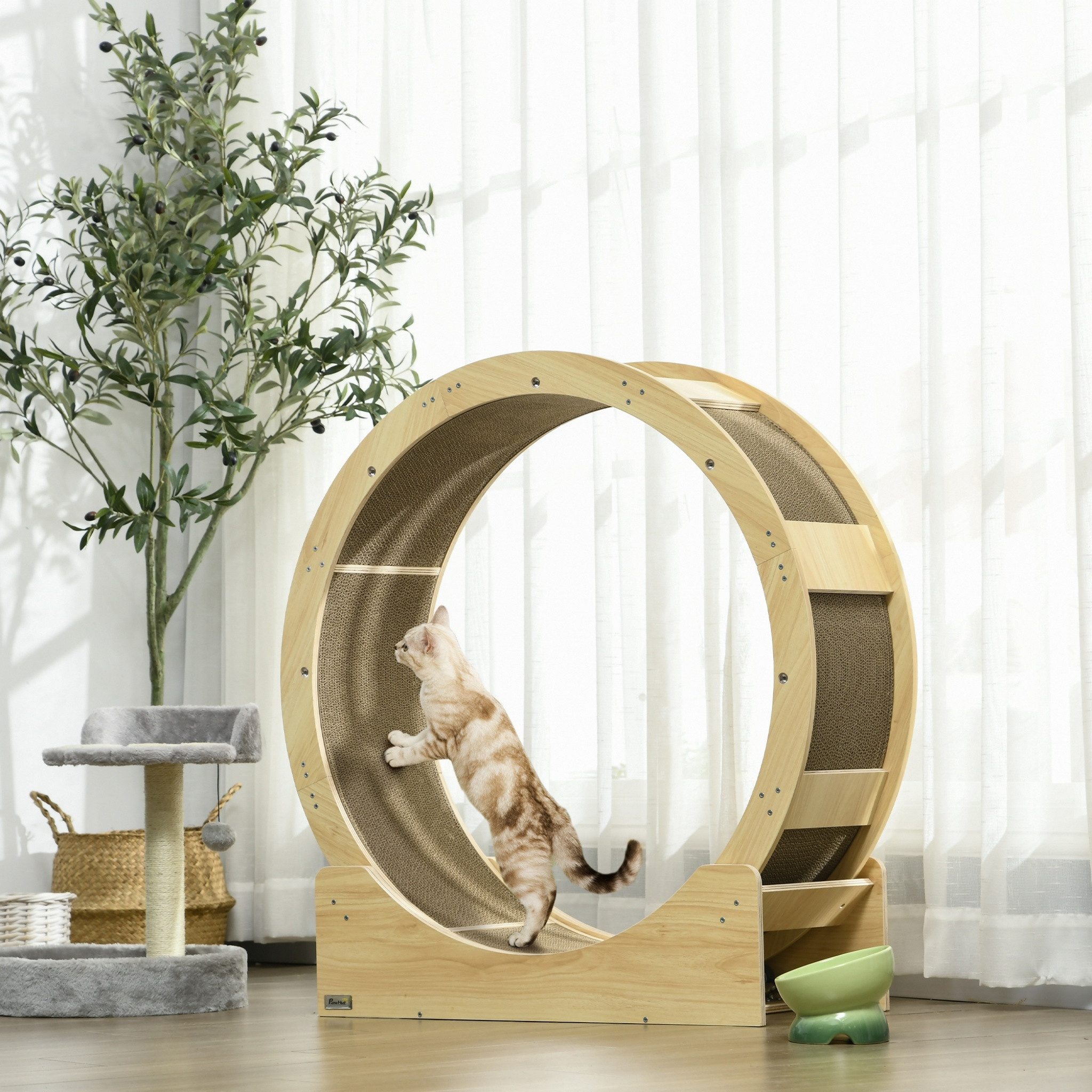 Blossom Tierlaufrad Katzenlaufrad Extra groBer 91 cm aus Eiche mit Bremse und Kratzmatte, Tier-Intelligenzspielzeug Katzenrad für Beschäftigung, bis 5 kg