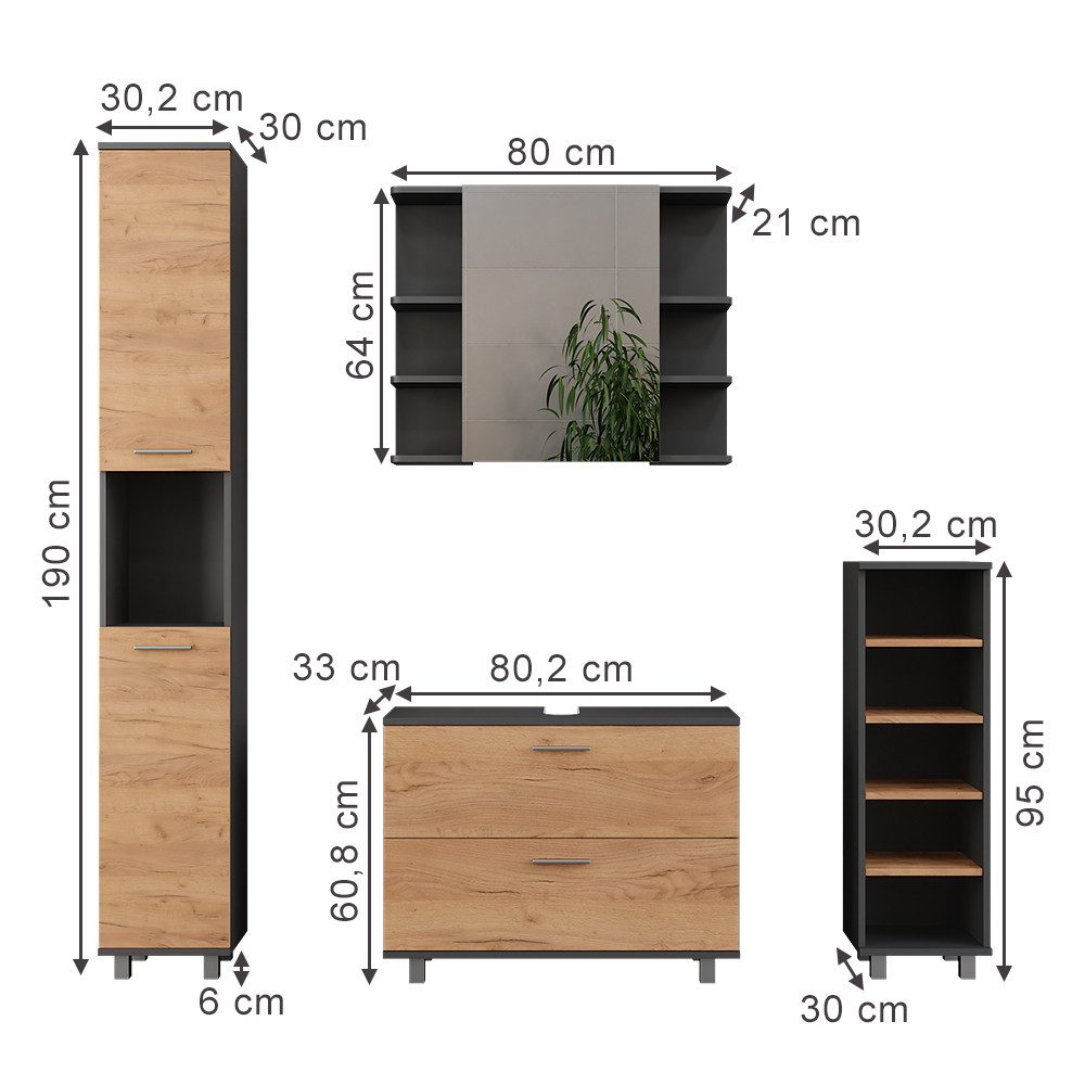 Vicco Badmöbel-Set Ilias, Goldkraft Eiche/Anthrazit/Anthrazit, 4 Teile, (4-St., 4er Set)