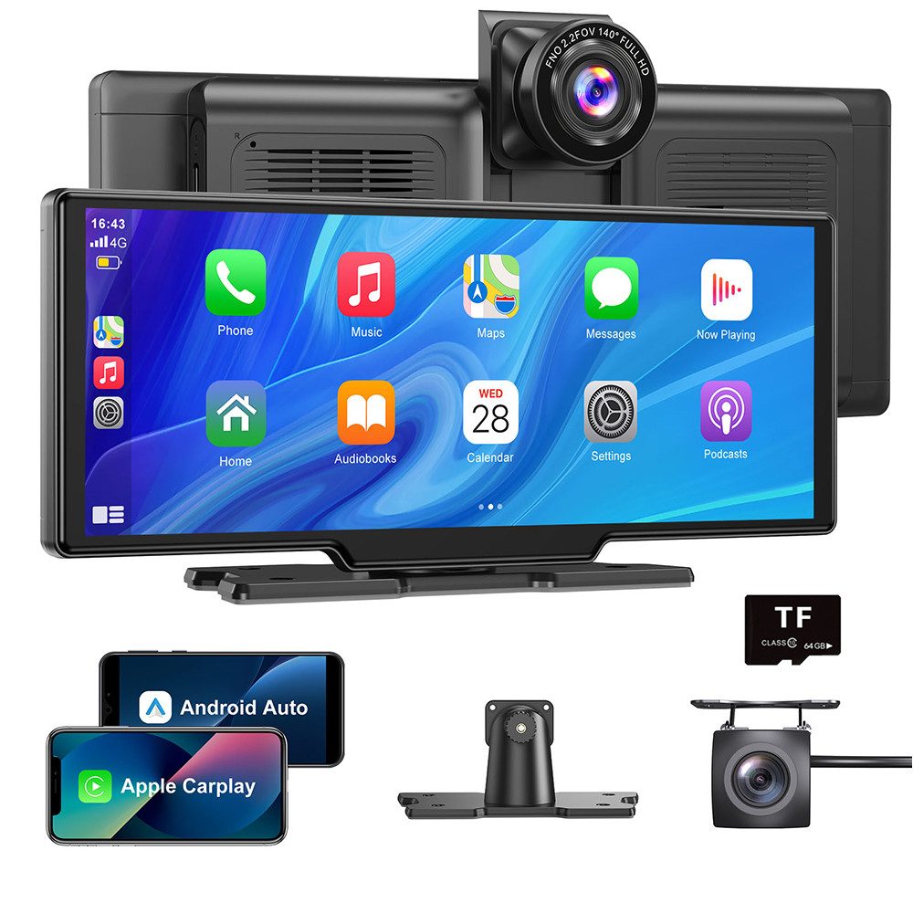 4K HD 10,26'' Dashcam DVR Kabelloses Apple Carplay & Android Auto Navigationsgerät