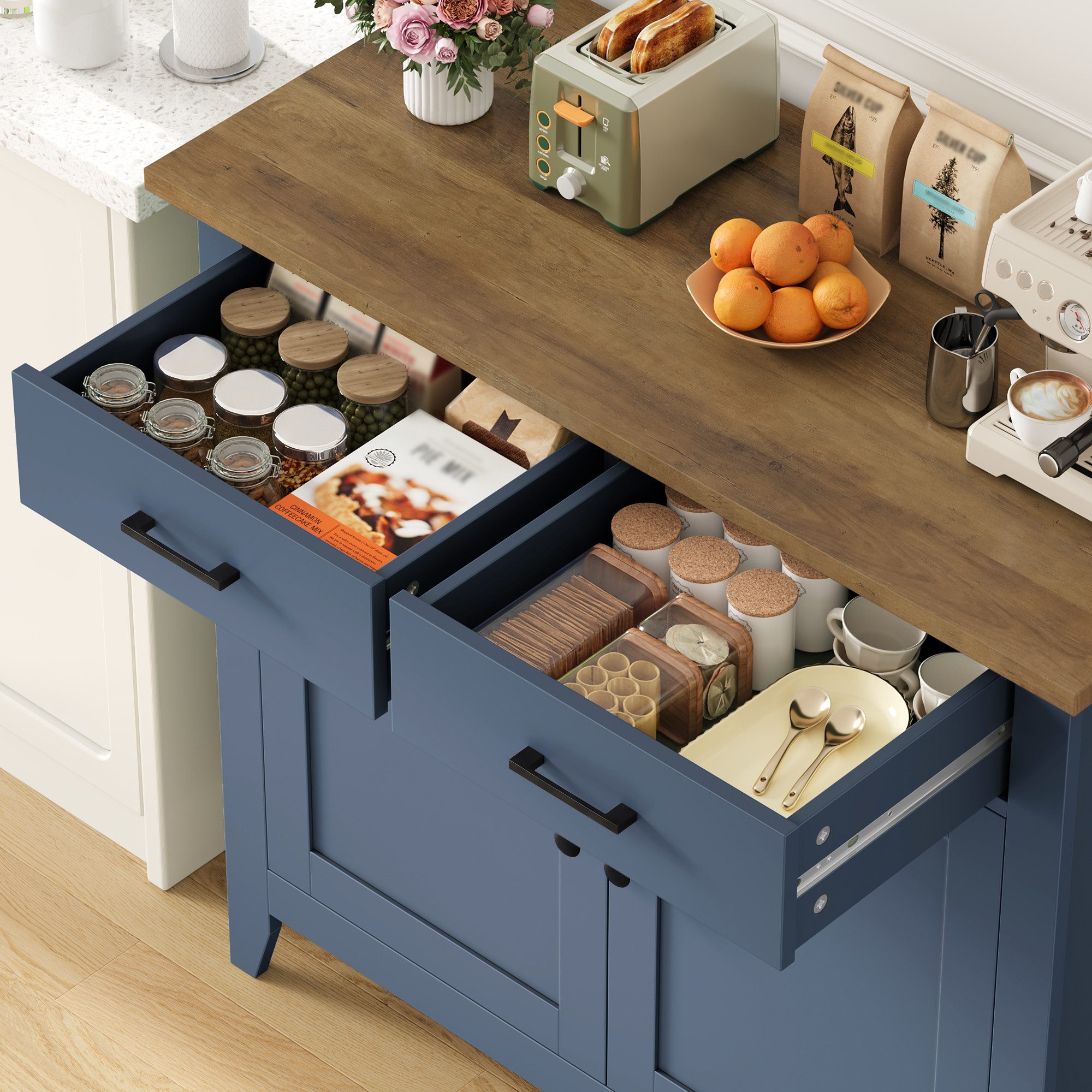 HOMECHO Buffet Sideboard Weiß Küchenschrank mit 2 Schubladen 2 Türen – Bild 2 von 5