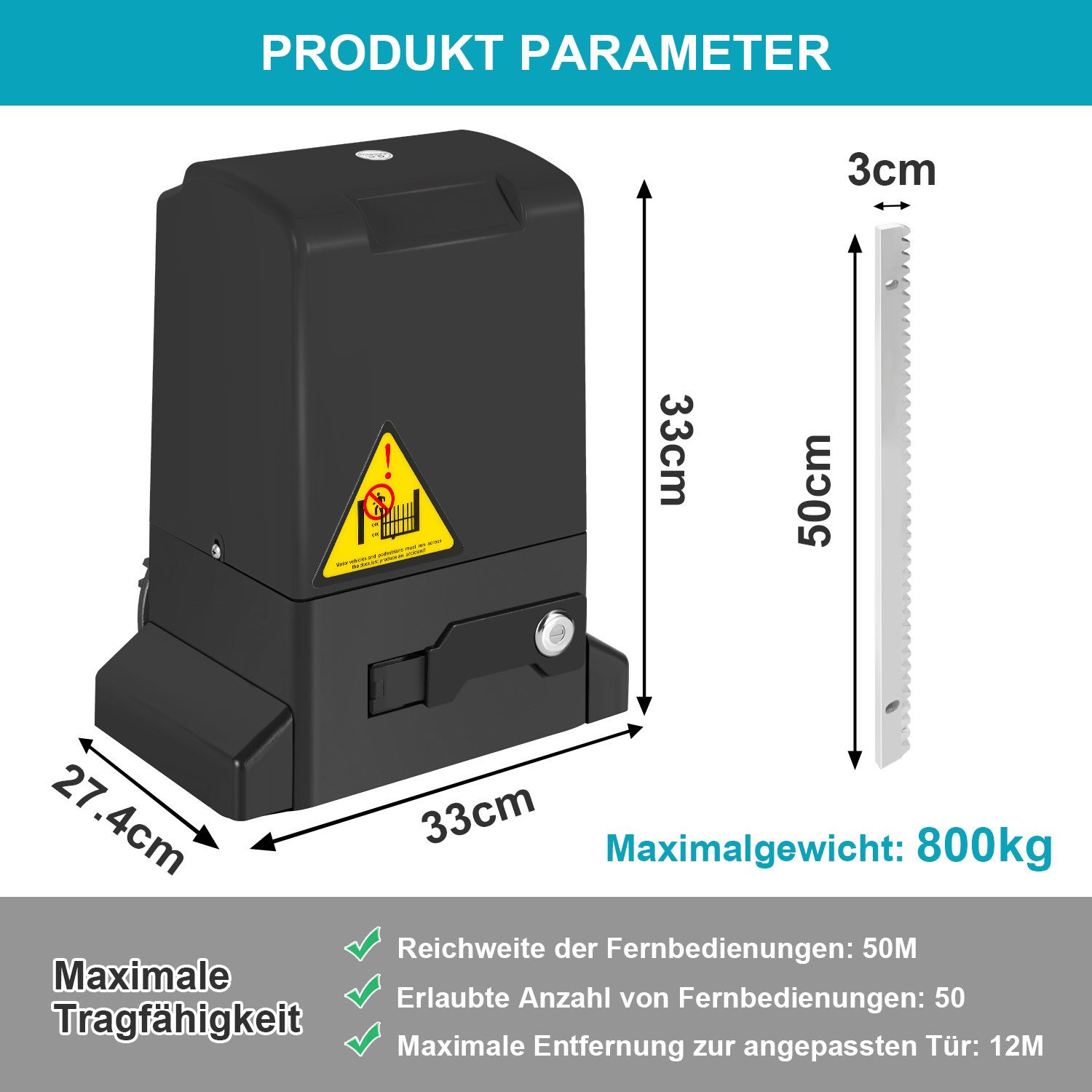 Clanmacy Schiebetorantrieb Torantrieb 370W Toröffner Motor 800kg Schiebetor Antrieb Komplett-Set, mit Gleitschiene, (IP44 wasserdicht, mit 2 orangen Schlüssel und 1 Fernbedienung), Betriebene Türen Eisenwaren