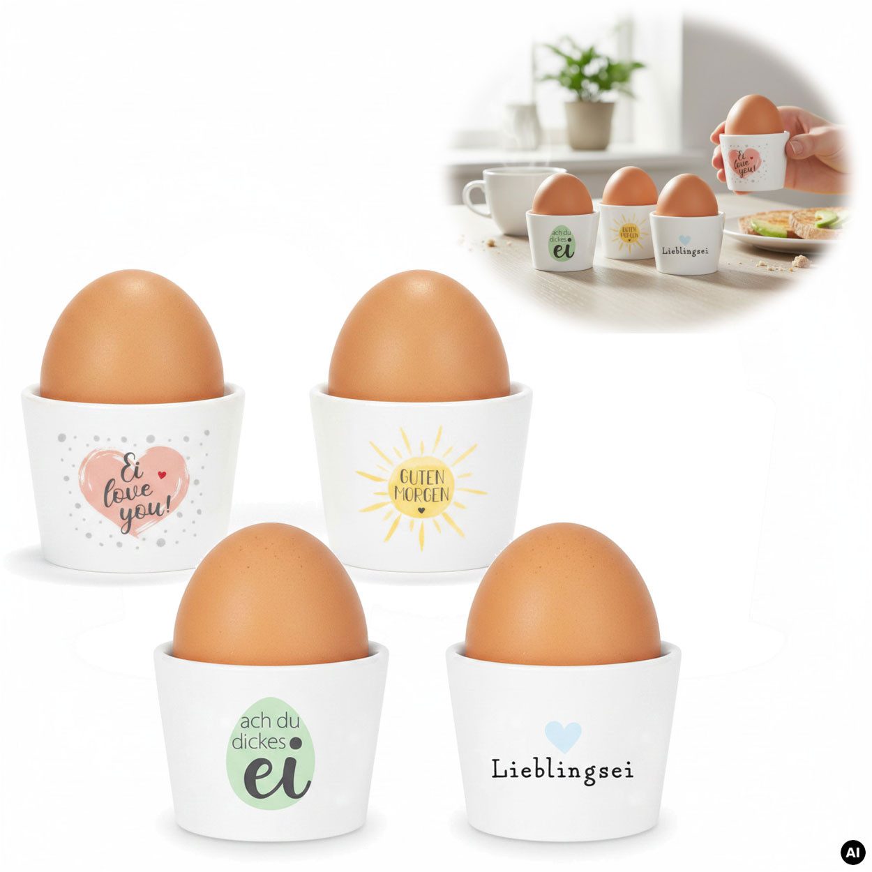 LS-LebenStil Eierbecher 4x Porzellan Eibecher Set Sprüche lustig witzig Gute Laune Eierhalter, (Exklusive edle Eihalter, perfekte Deko am Frühstückstisch, 4-tlg., für das perfekte Frühstücksei, Geschenk zur Hochzeit, Verlobung), Muttertag, Vatertag, Ostern, Weihnachten