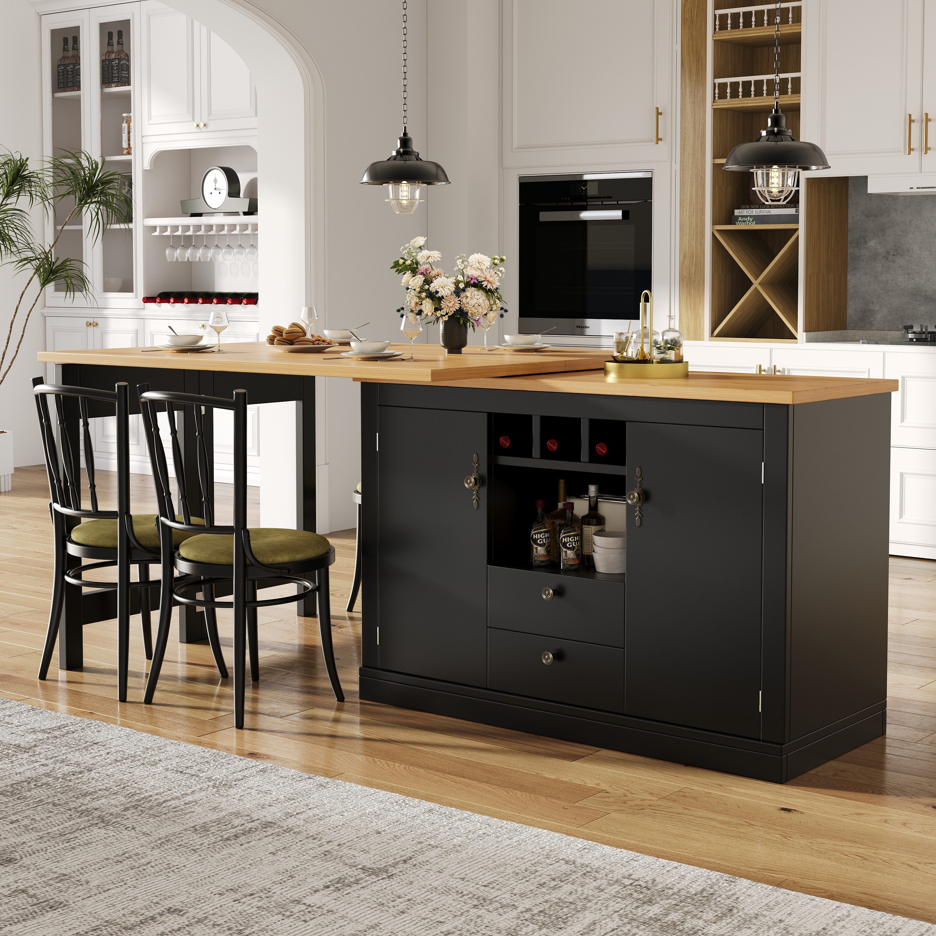 Odikalo Bartisch mit drehbarem Esstisch und Stauraum (Hochwertiger Ausziehbarer Bartisch mit 360° Drehfunktion und Stauraum,Längenverstellbar von 120-180cm, Wohnzimmer, Esszimmer, Homeoffice, schwarzer ausziehbarer Design-Stehtisch, Schwarz / Weiß)
