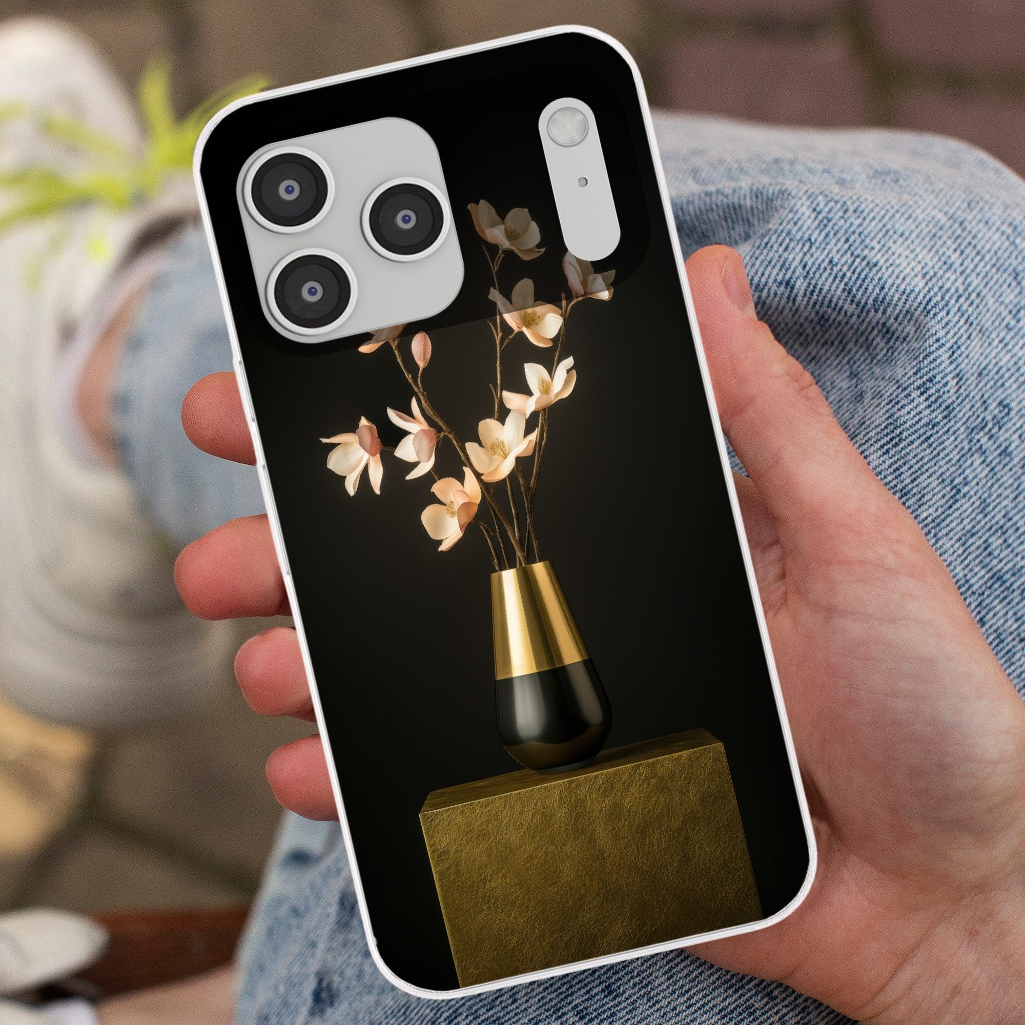 MuchoWow Handyhülle für Apple iPhone 17 Pro Max Verschnörkelt - Blumenstrauß - Gold - Vase, Smartphone-Bumper, Print, Handy Schutzhülle Dünn