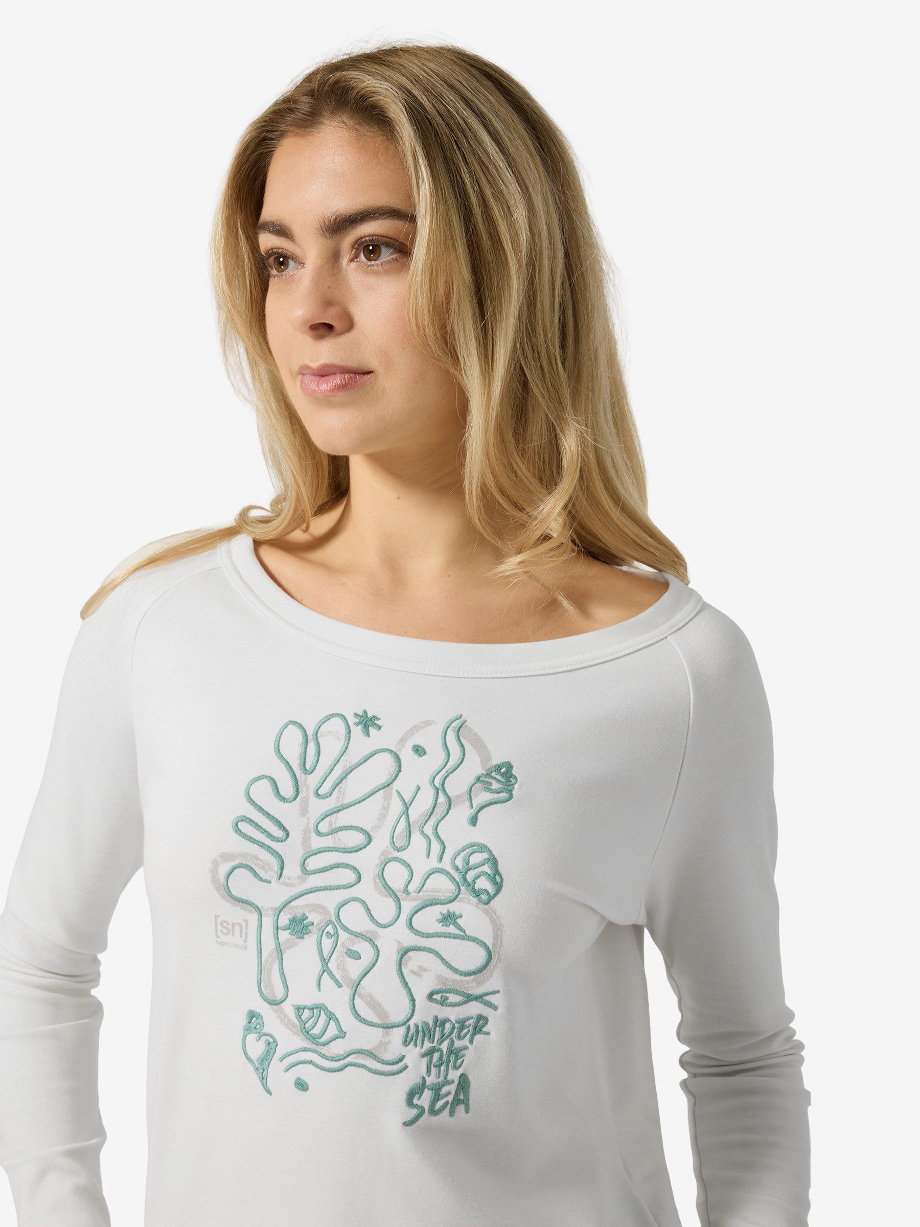 SUPER.NATURAL Sweatshirt für Damen,Merino W UNDER THE SEA CREW mit Sommer-Motiv, atmungsaktiv