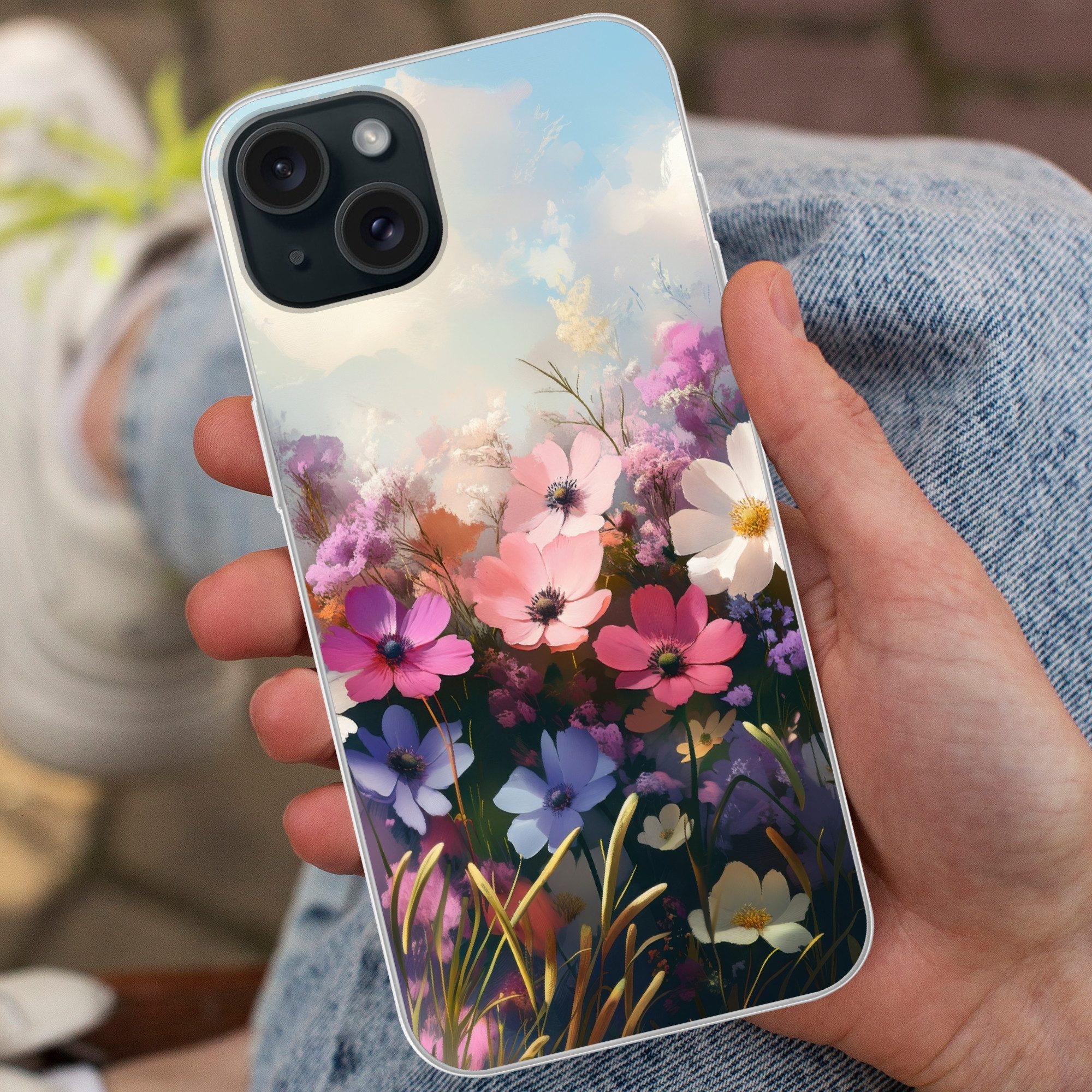MuchoWow Handyhülle für Apple iPhone 15 Plus Blumen - Bunt - Blühend, Smartphone-Bumper, Print, Handy Schutzhülle Dünn