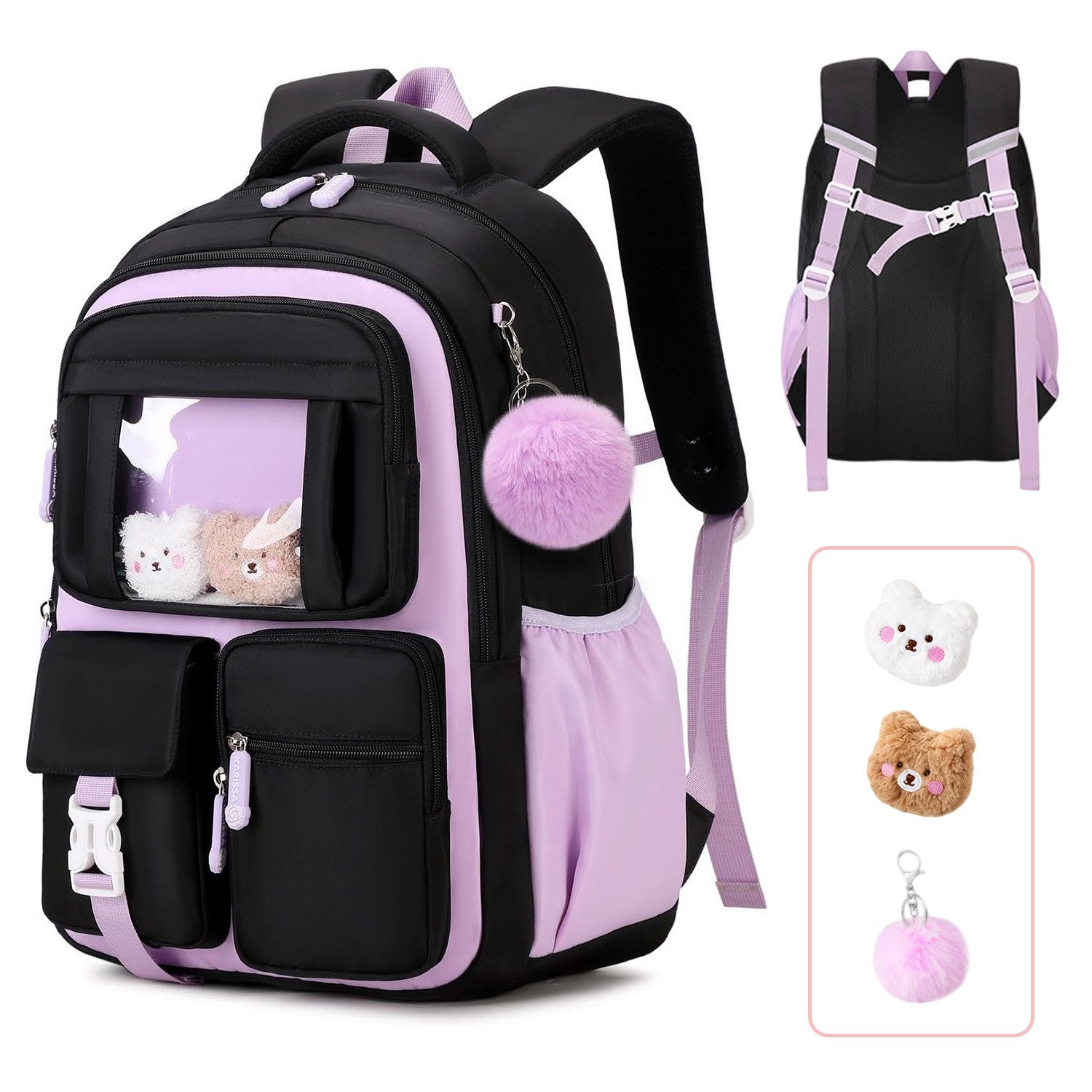 MOPUEA Schulrucksack Atmungsaktiv Schulrucksack Rucksack Schultasche Kawaii Büchertasche (Mit 3 süßen Anhängern), Turnbeutel Lässiger Schulranzen Jungen Teenager Multi-Tasche Daypacks