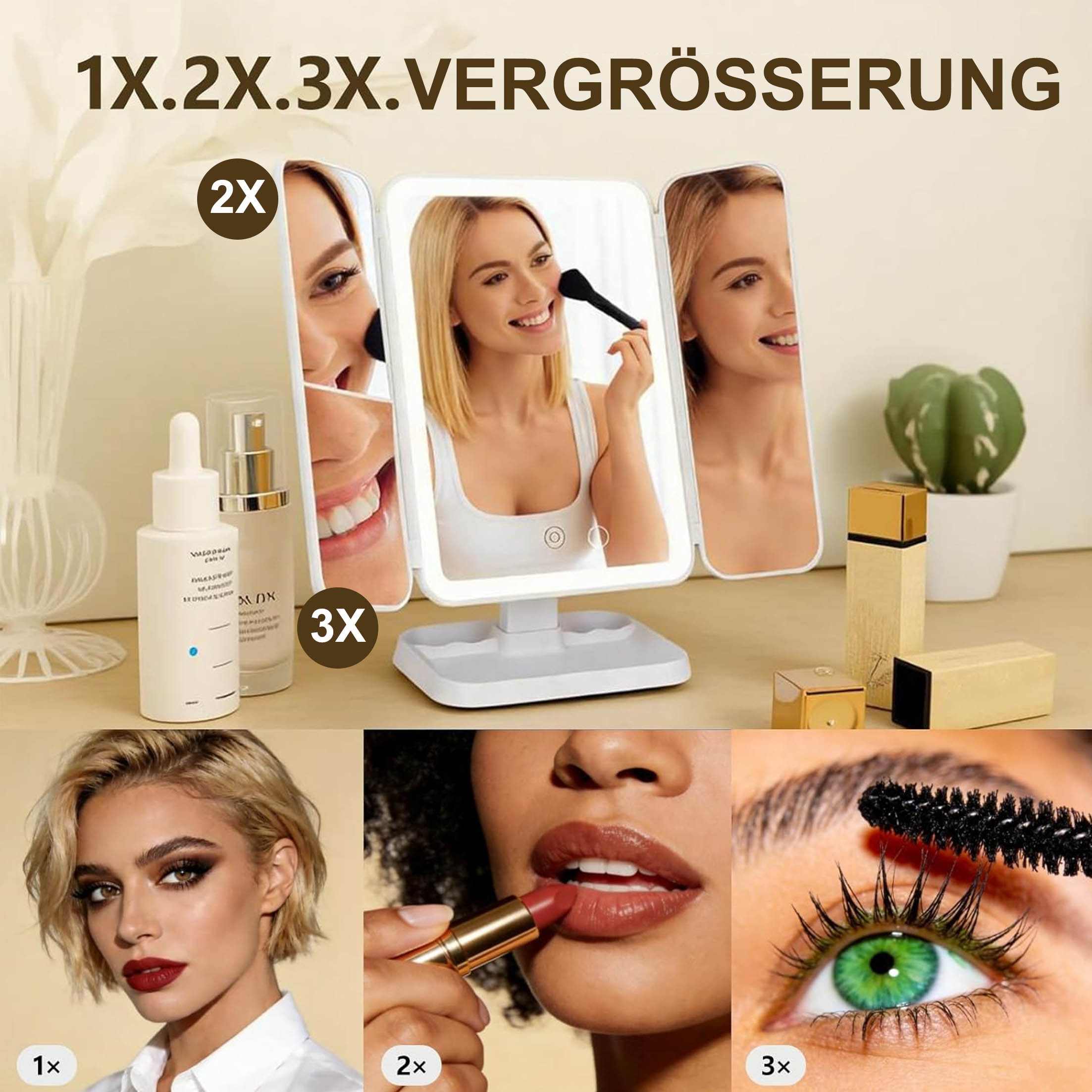 KINSI Schminkspiegel Kosmetikspiegel mit Beleuchtung, 1x 2x 3x Vergrößerung, drehbar, Akku (1-St), 180° drehbar, 90° neigbar, 3-farbige LED-Beleuchtung