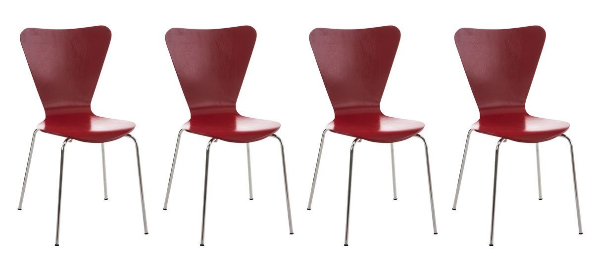 TPFLiving Besucherstuhl (Besprechungsstuhl Gestell: rot Warteraumstuhl - Sitzfläche: Konferenzstuhl - Holz Sitzfläche ergonomisch - mit geformter chrom 4 Messestuhl, Metall - Calisso St)