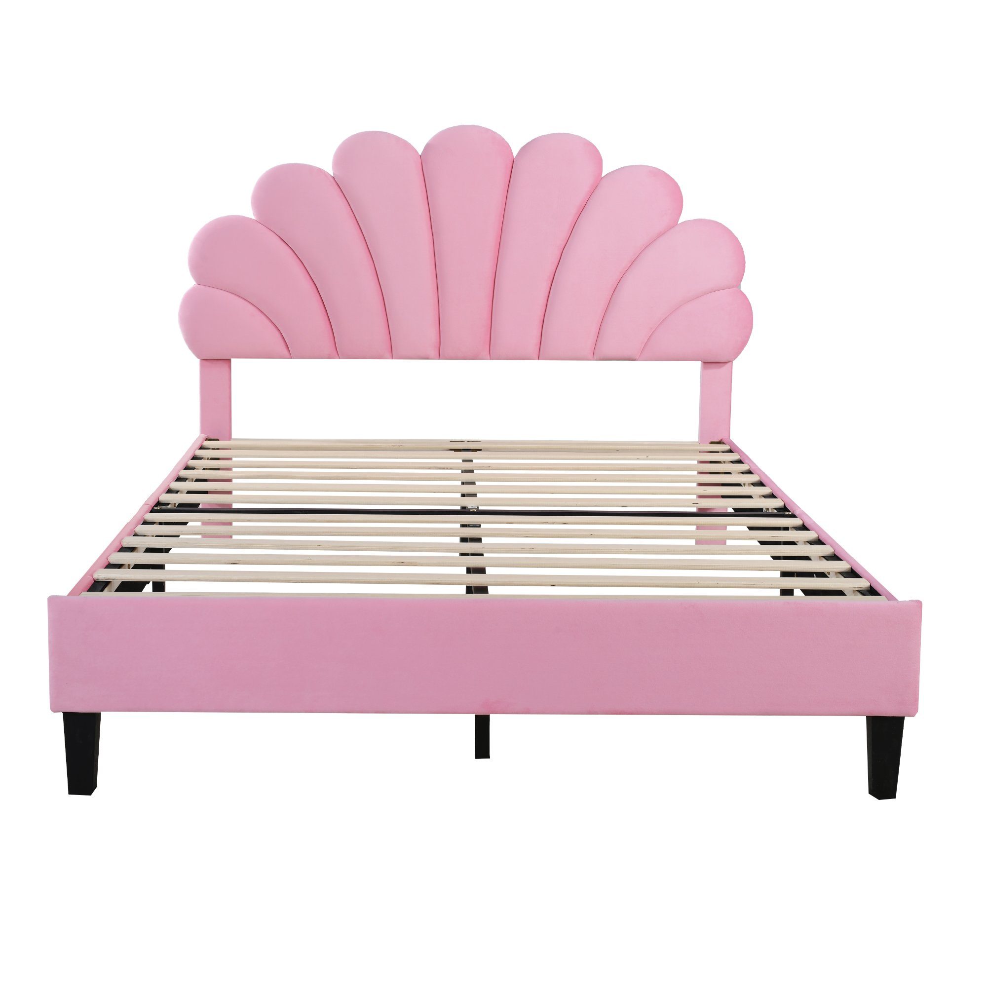 Polsterbett (Doppelbett), Kinderbett mit Blumenform-Kopfteil, Samt, 140x200cm