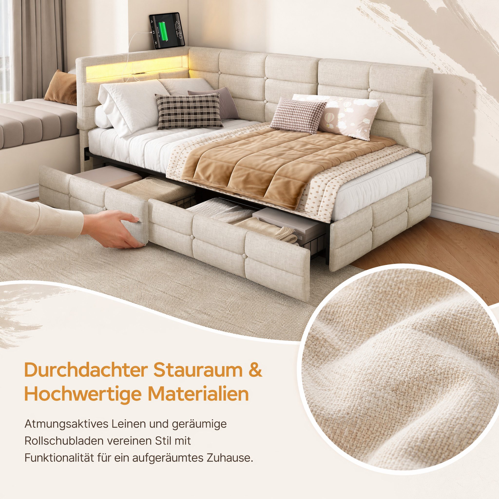 Simurq Daybed Modernes Tagesbett 90x200 cm, Polsterbett in Leinenoptik, Jugendbett, Holzlattenrost, mit Schubladen, mit USB Port+LED, Gästebett