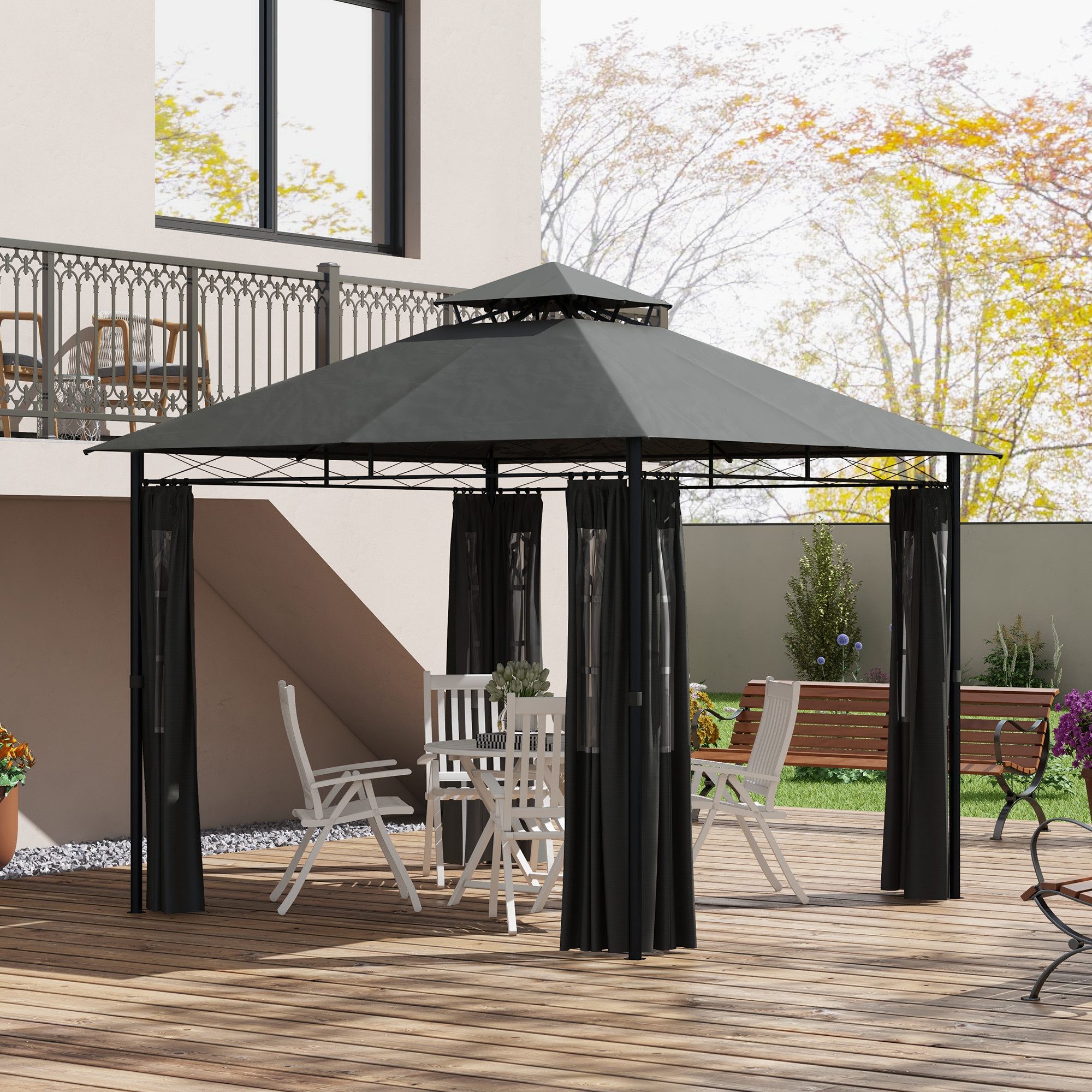 Outsunny Pavillon Gartenzelt mit Seitenwand, UV50+Partyzelt, Wetterfest Festzelt, mit 4 Seitenteilen, (Gartenpavillon, Festzelt), für Balkon, Terrasse, Metall, Dunkelgrau