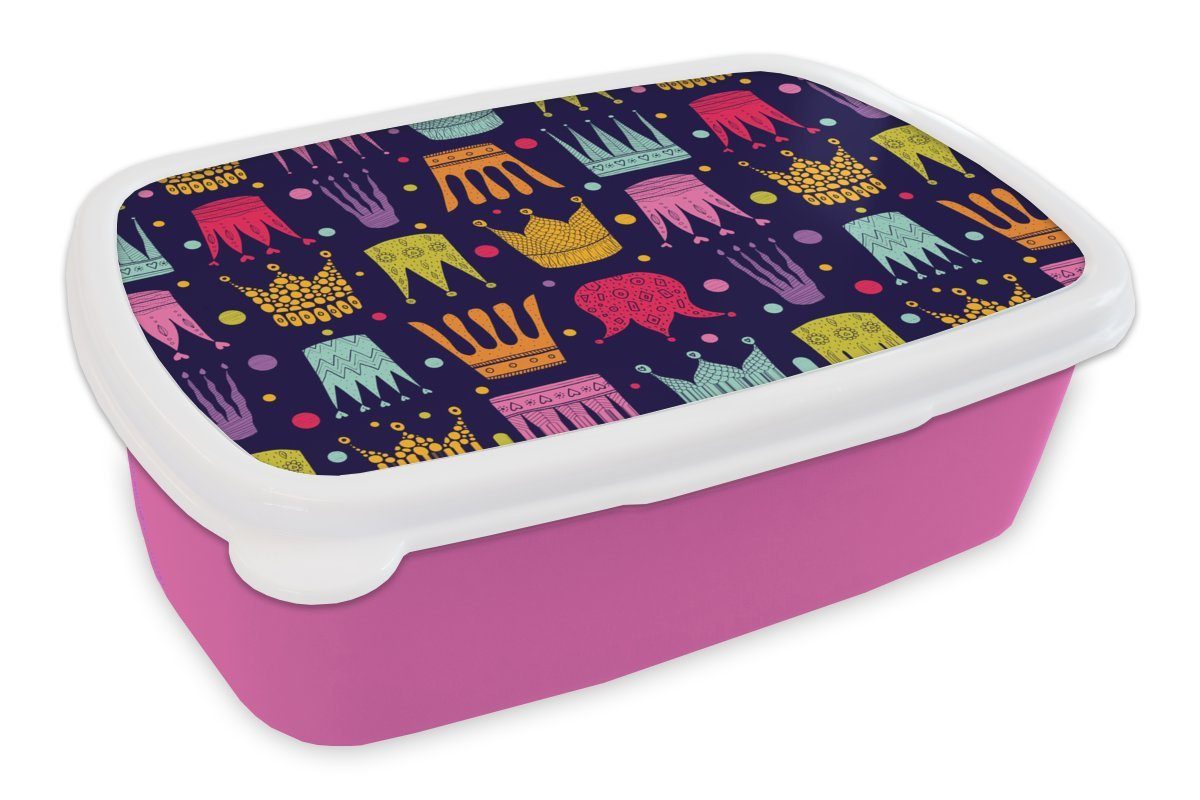 MuchoWow Lunchbox Muster - Krone - Farben - Kinder - Kinder, Kunststoff, (2-tlg), Brotbox für Erwachsene, Brotdose Kinder, Snackbox, Mädchen, Kunststoff rosa