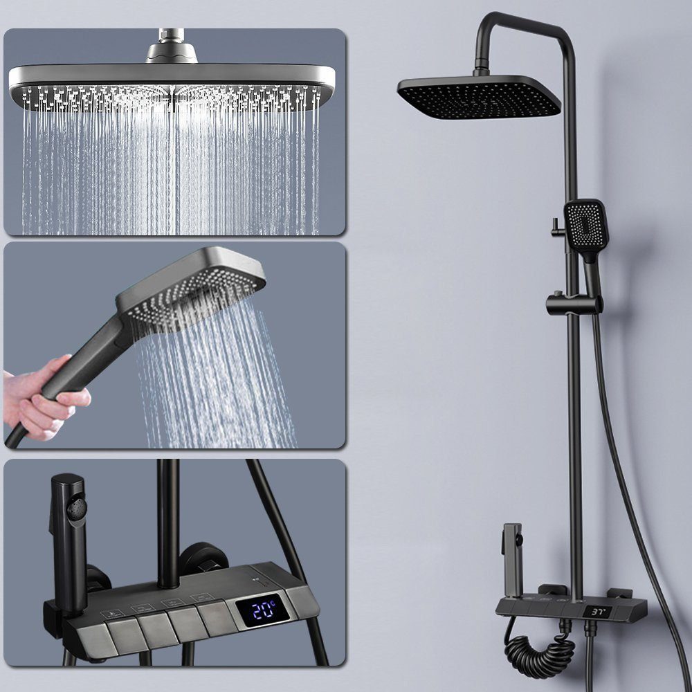 Stangenbrause-Set 4Funktionen mit Armatur Brausegarnitur Schwarz Duschsystem LCD Display