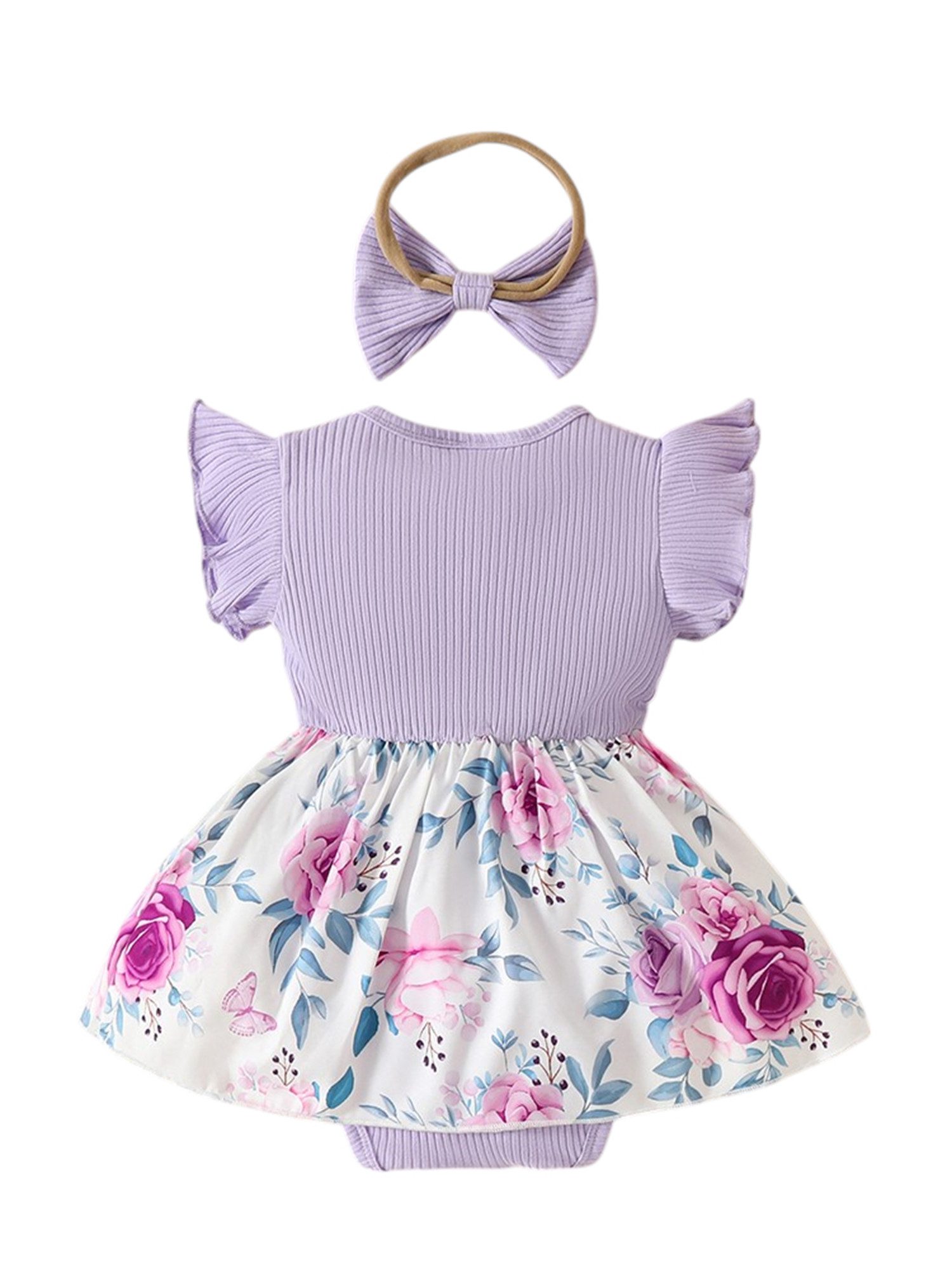 Lapastyle Strampler Neugeborenes Kurzarm Blumen Strampler & Haarband Outfits Baby Mädchen (Set, 2-tlg) Babykleidung mit Rüschen Sommerkleid süß Partykleid Set