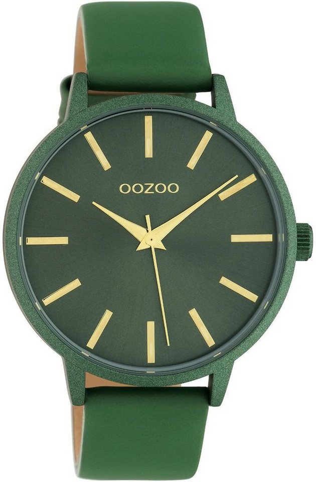 OOZOO Quarzuhr Oozoo Damen Armbanduhr grün, Damenuhr rund, groß (ca. 42mm)  Lederarmband, Fashion-Style, goldene Zeiger und Indizes