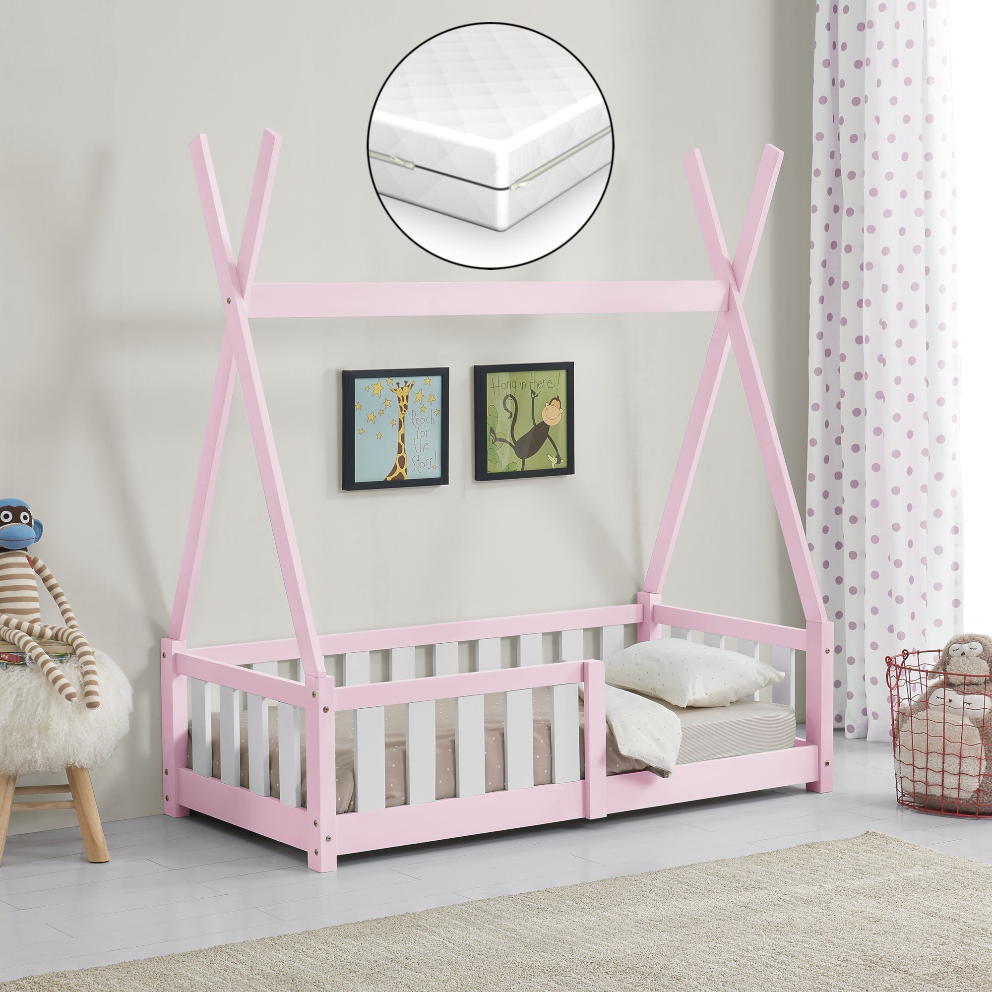 en.casa Kinderbett, »Helsingborg« mit Matratze Kiefernholz 70x140 cm Rosa günstig online kaufen